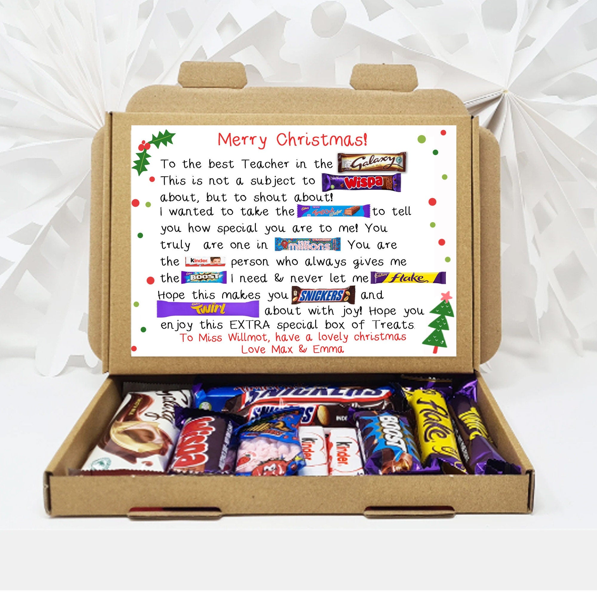 Personalised Teacher Poem Christmas gift Poem Treat Box Hug in a box, hamper gift, thank you gift Teaching assistant