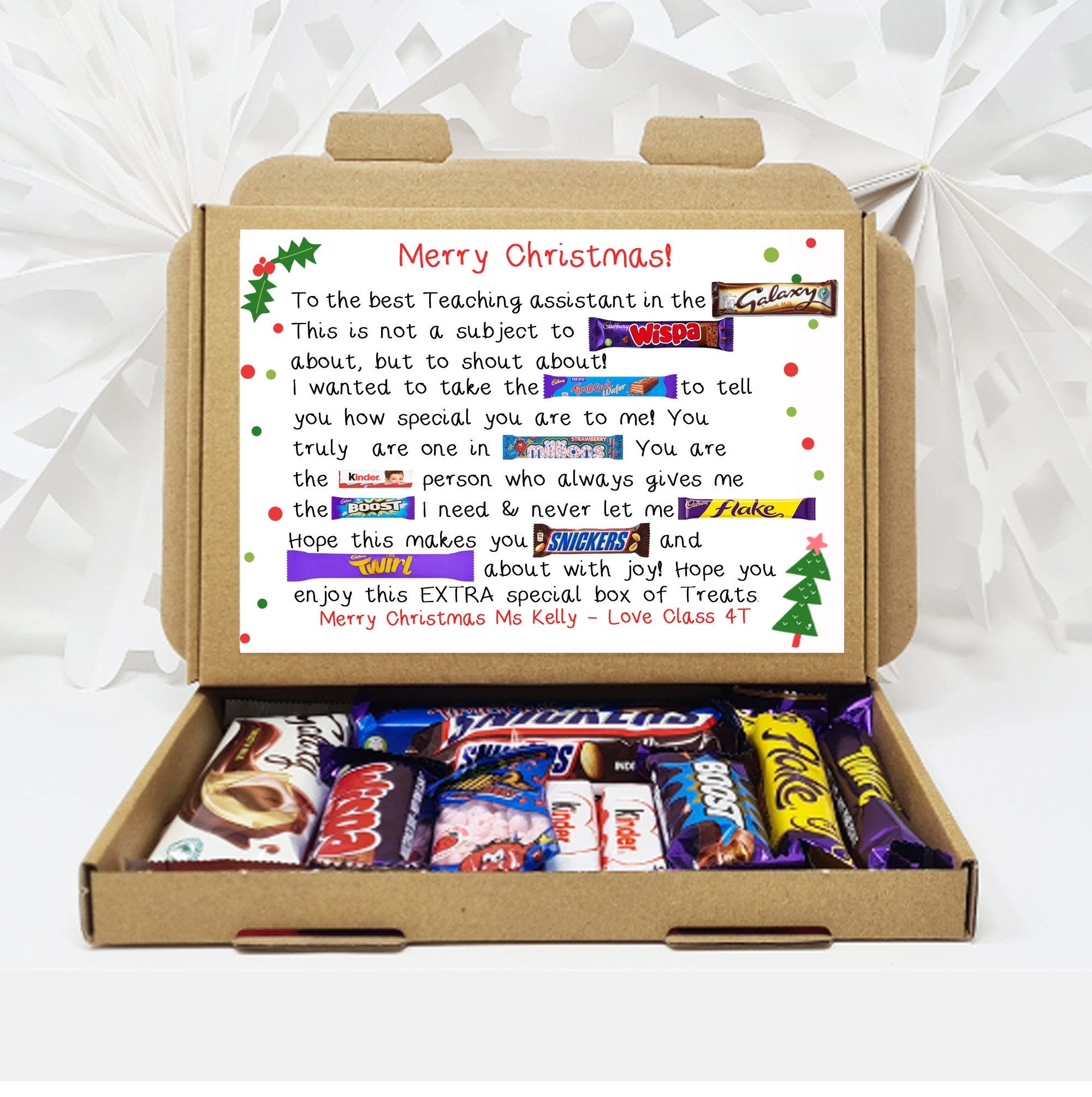 Personalised Teacher Poem Christmas gift Poem Treat Box Hug in a box, hamper gift, thank you gift Teaching assistant