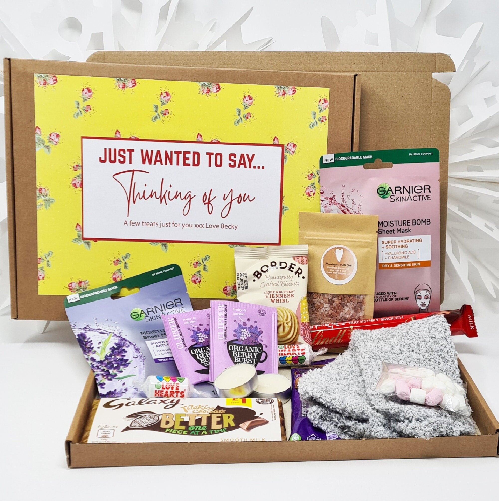Personalised Pamper Treat Box Letterbox Gift Hug in a Box Hamper Worry Birthday, Thinking of You, Missing you Floral