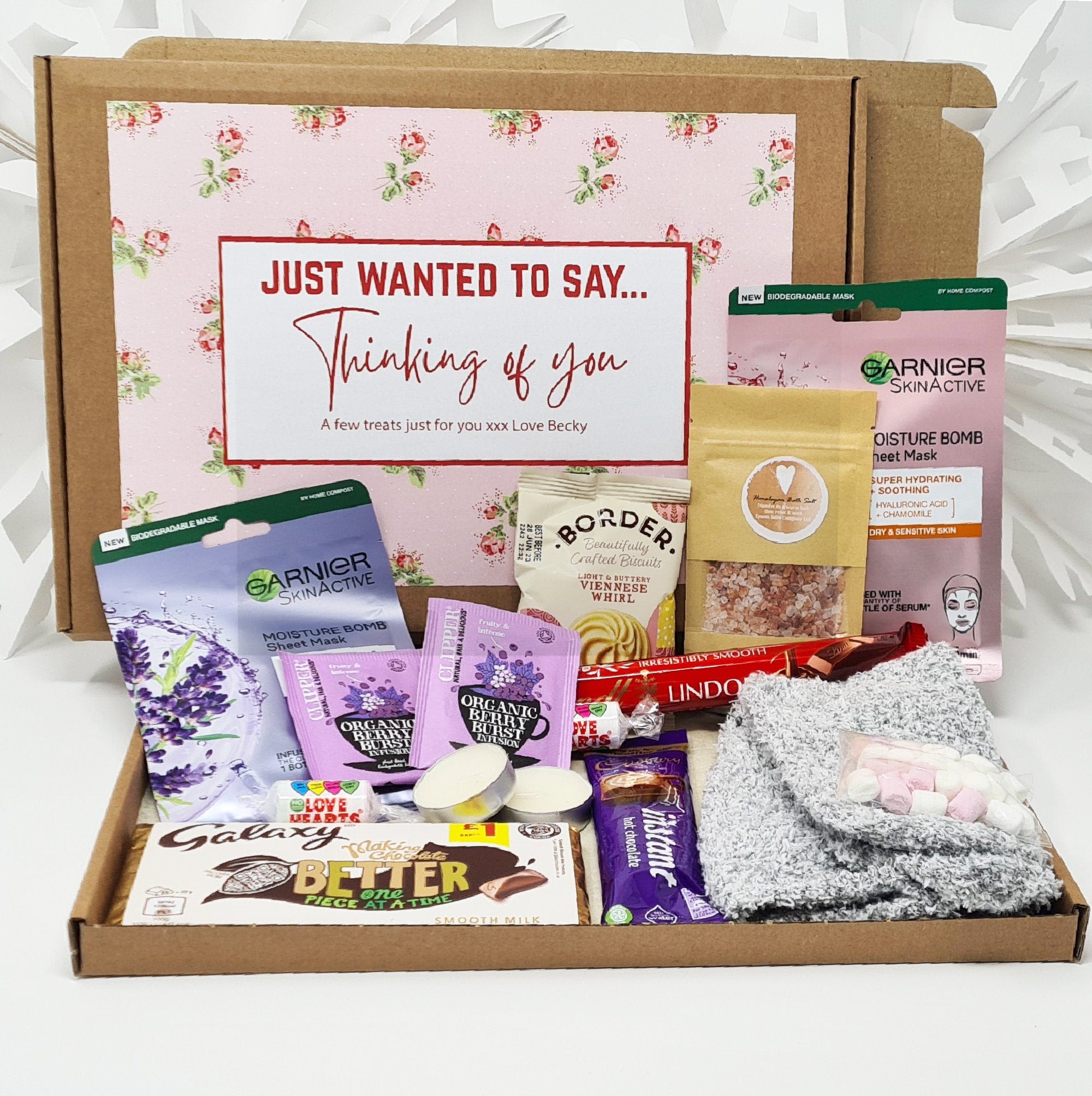Personalised Pamper Treat Box Letterbox Gift Hug in a Box Hamper Worry Birthday, Thinking of You, Missing you Floral
