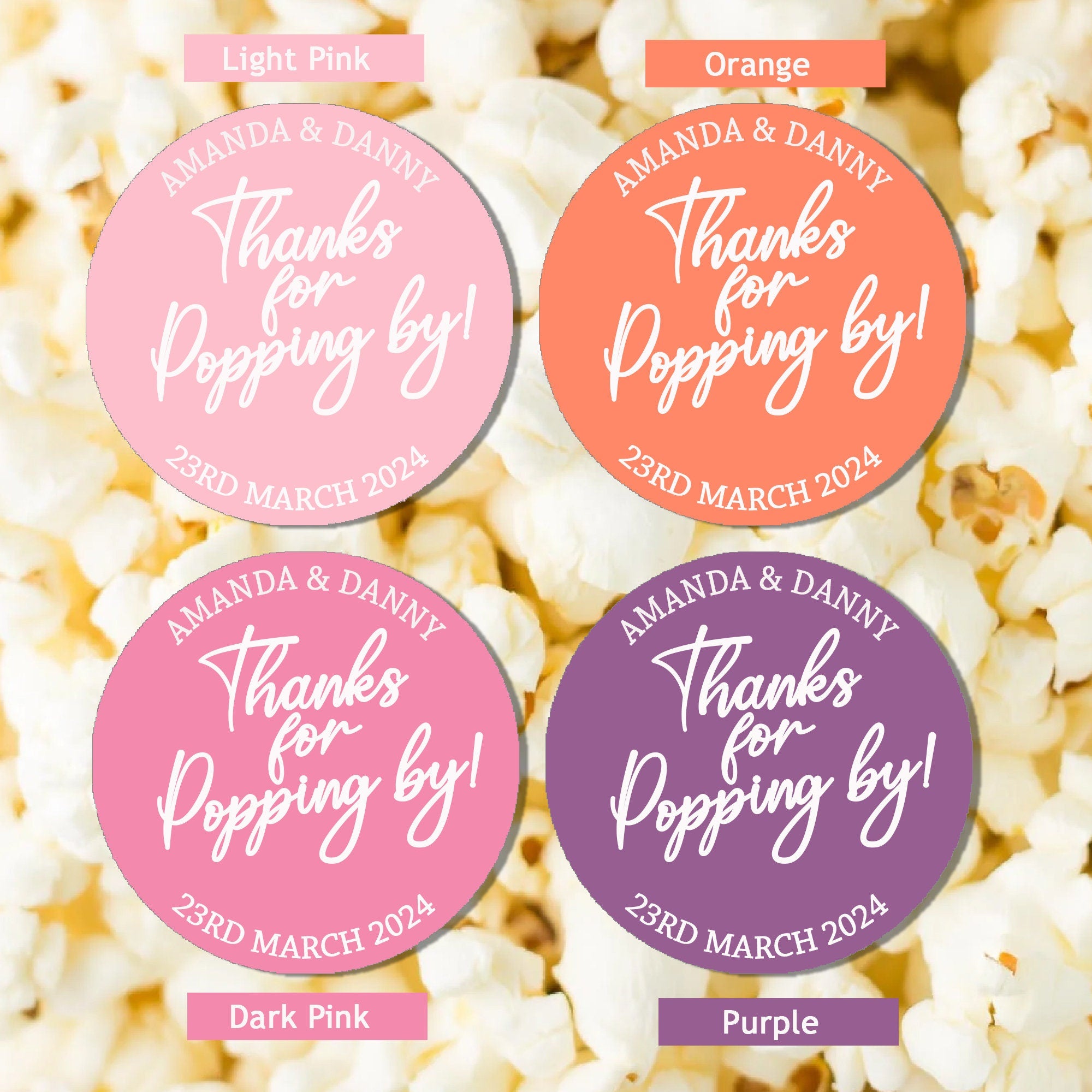 Personalised Thanks for Popping by Stickers Popcorn Cone stickers, Favour bag stickers, Birthday Wedding Baby Shower - Various colours
