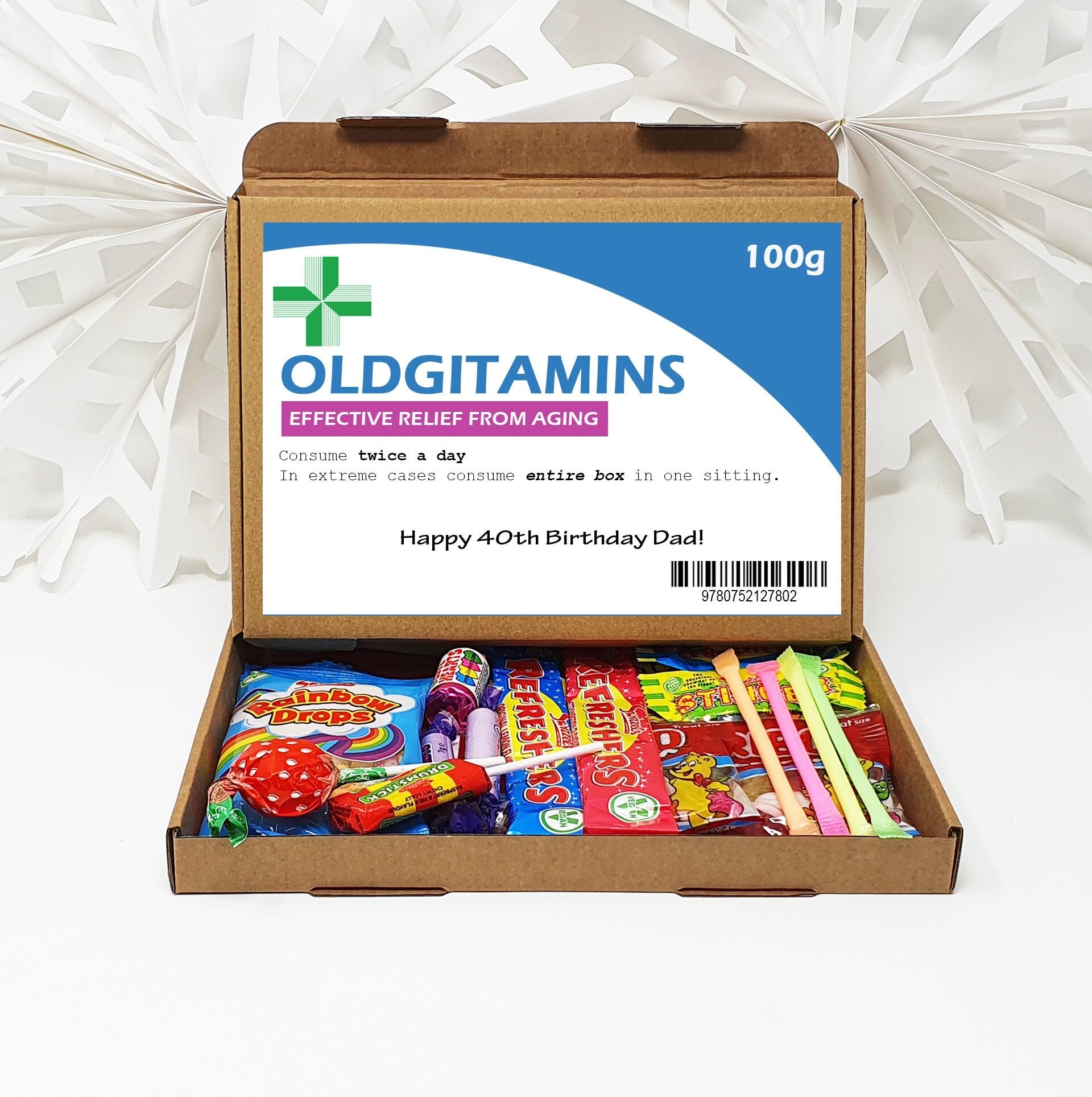 Personalised Oldgitamins Birthday Gift 30th 40th 50th Poem Chocolate Treats Box Hamper Sweet Present Gift for all ages Him/Her