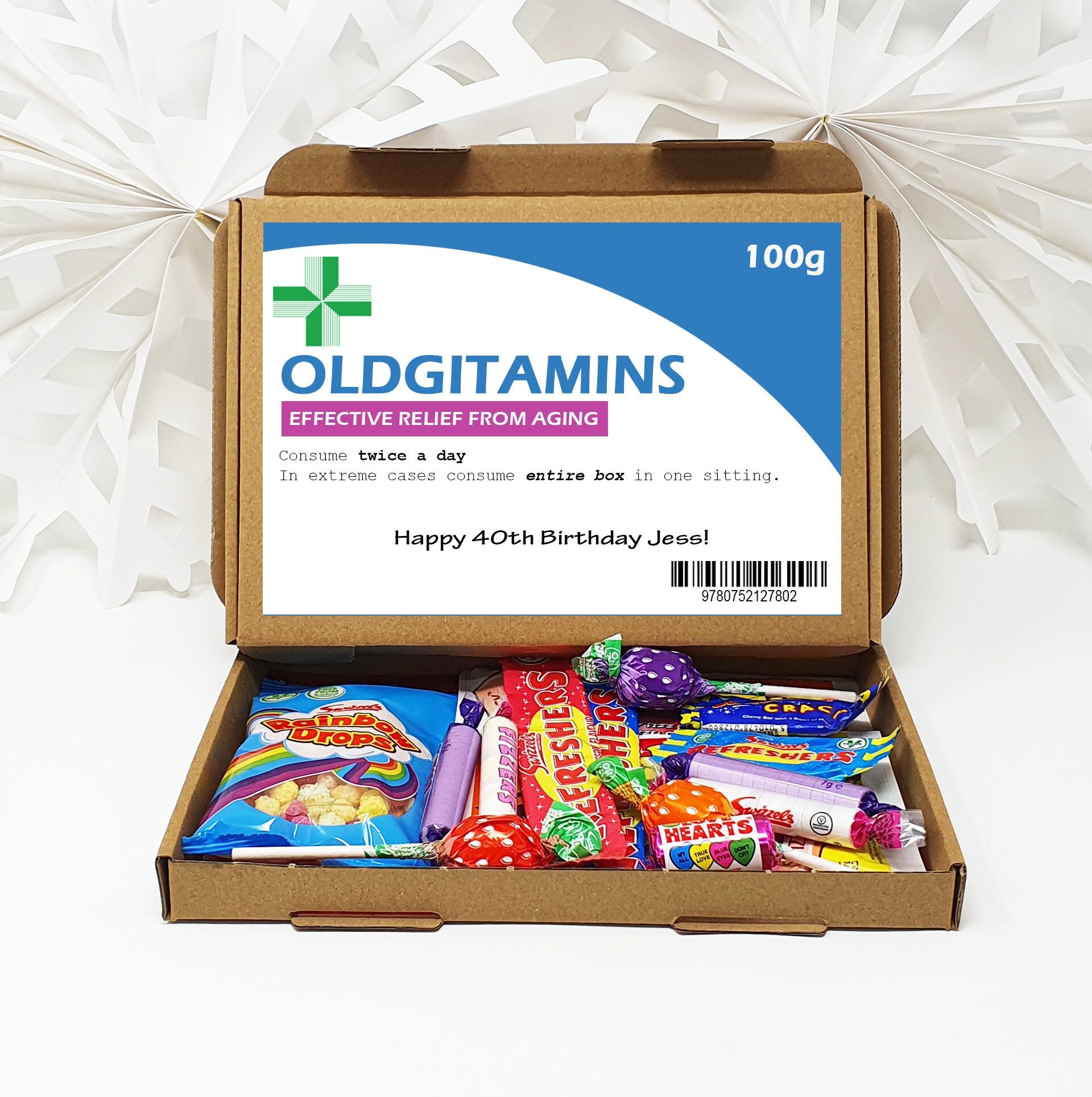 Personalised Oldgitamins Birthday Gift 30th 40th 50th Poem Chocolate Treats Box Hamper Sweet Present Gift for all ages Him/Her