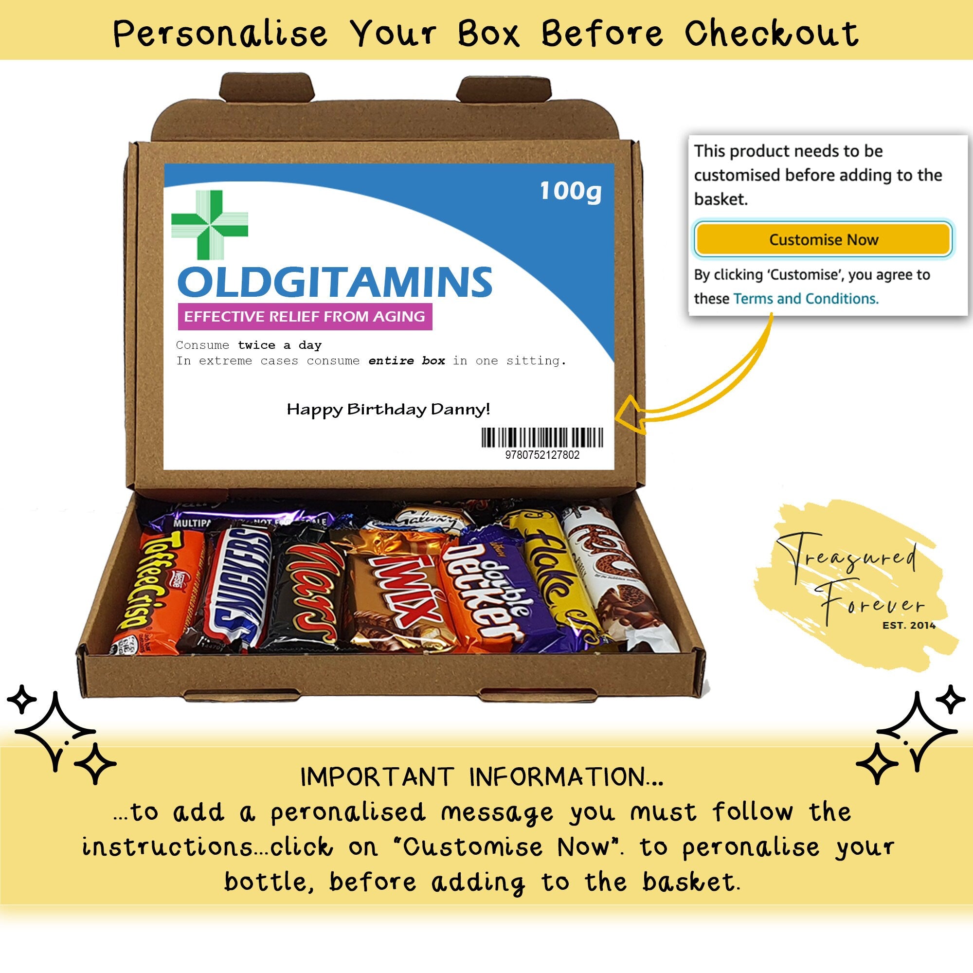 Personalised Oldgitamins Birthday Gift 30th 40th 50th Poem Chocolate Treats Box Hamper Sweet Present Gift for all ages Him/Her
