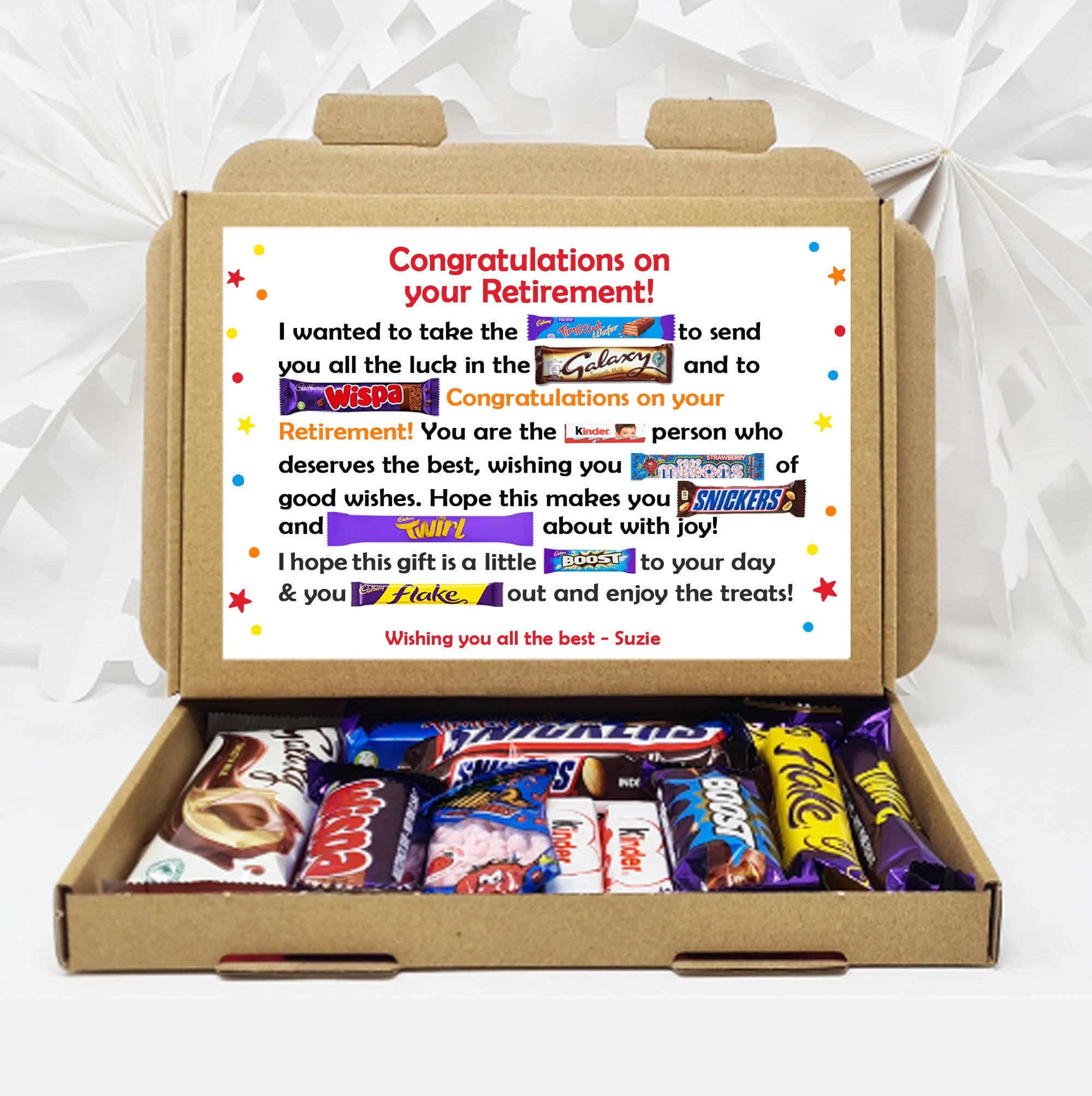 Personalised Retirement/ Leaving Job Gift Box Good Luck Treat Box Letterbox Gift Hug in a Box Chocolate Poem Unique