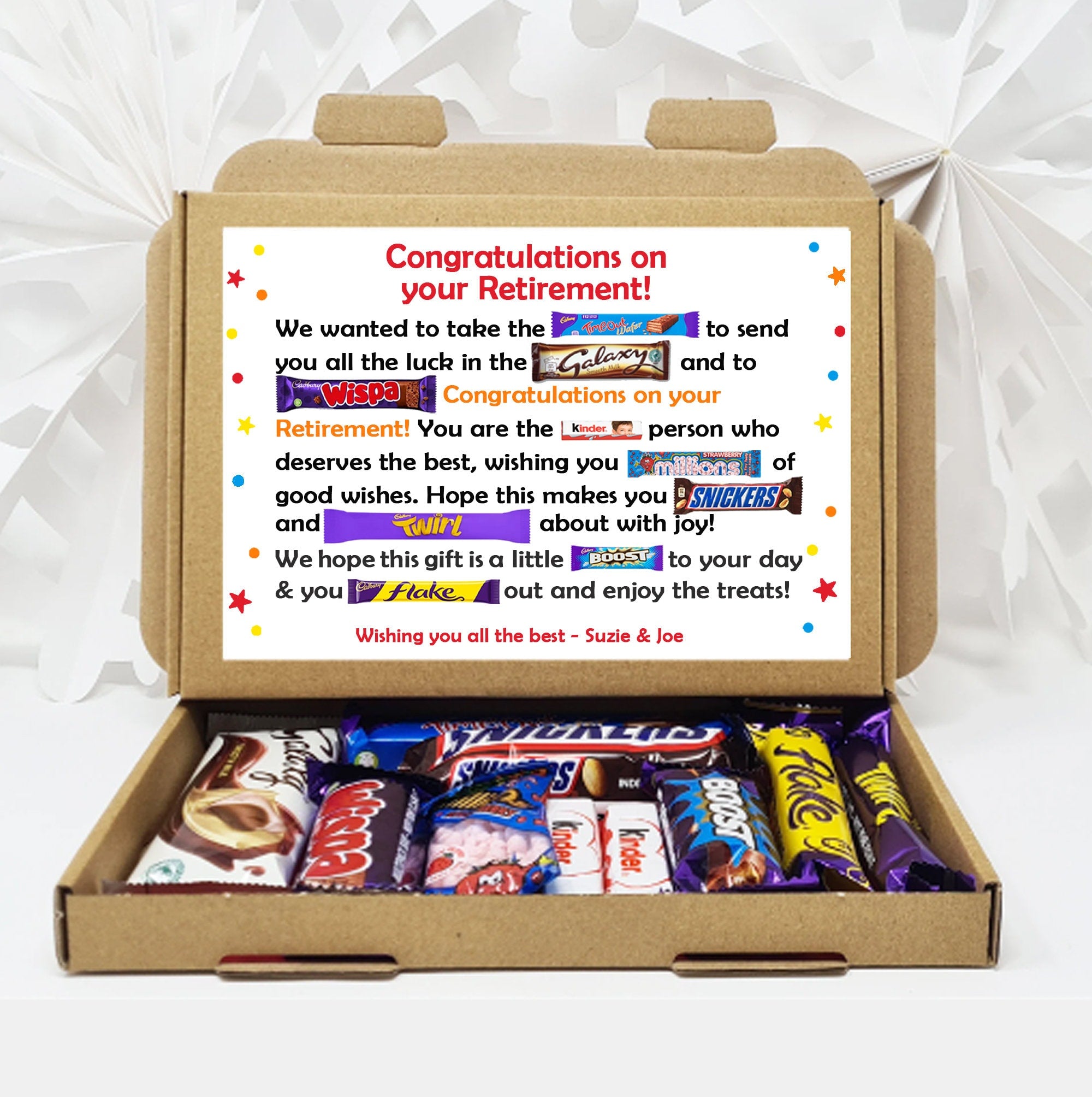 Personalised Retirement/ Leaving Job Gift Box Good Luck Treat Box Letterbox Gift Hug in a Box Chocolate Poem Unique
