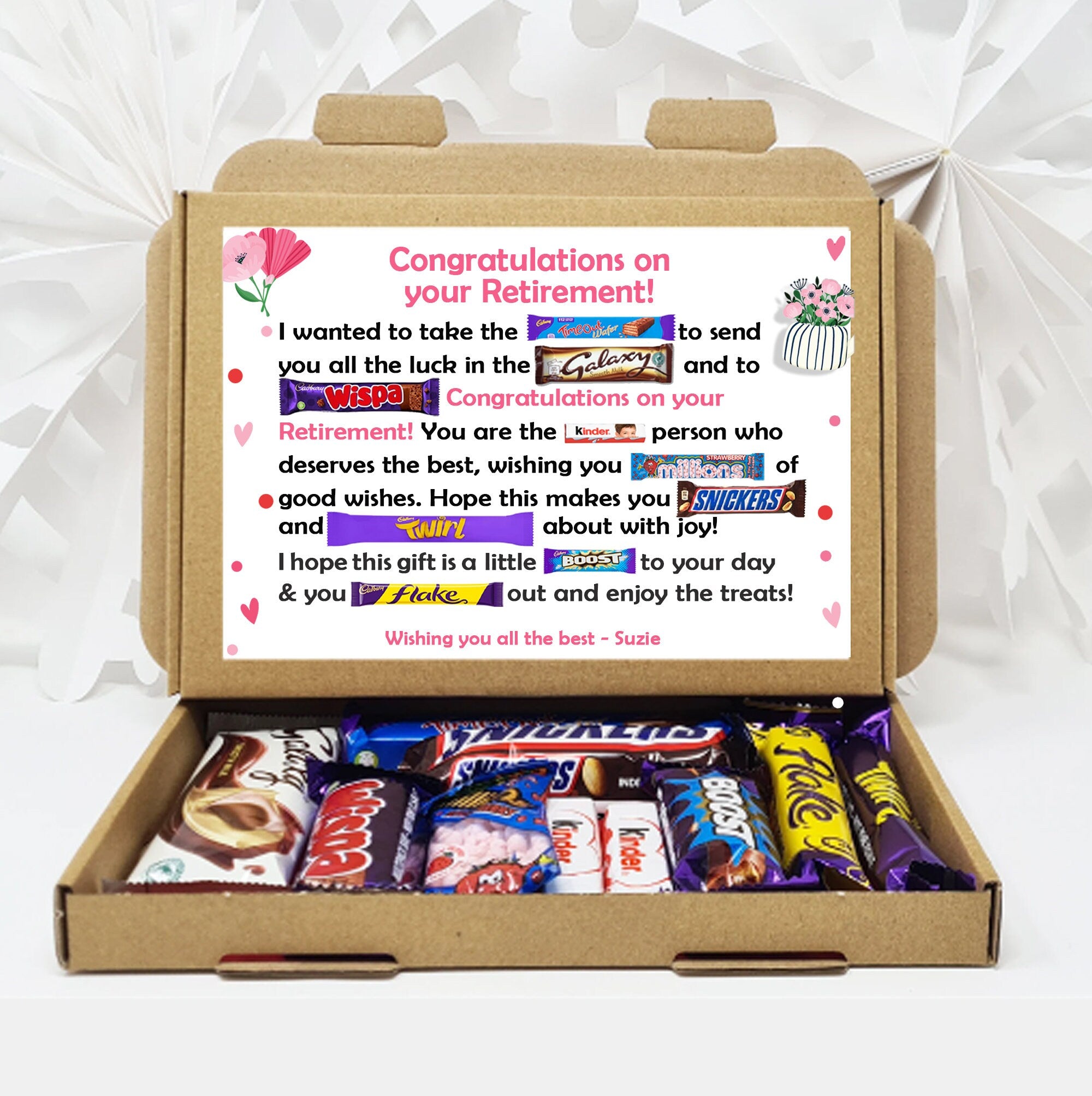 Personalised Retirement/ Leaving Job Gift Box Good Luck Treat Box Letterbox Gift Hug in a Box Chocolate Poem Unique