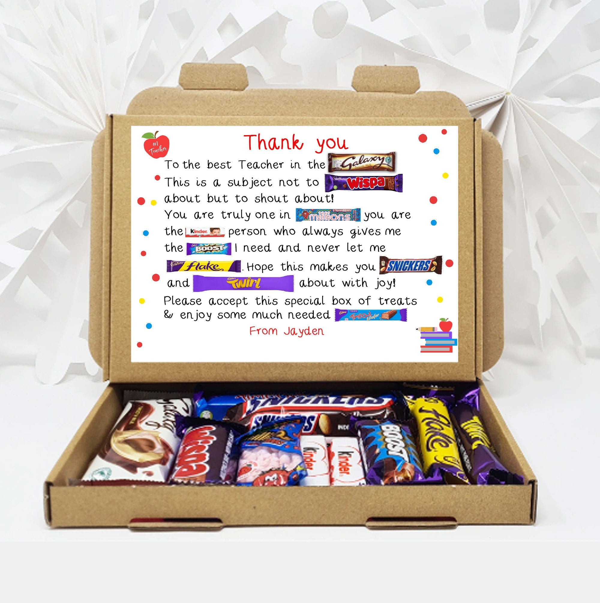 Personalised Teacher Poem summer gift Poem End of Term Treat Box Hug in a box, hamper gift thank you gift Lollypop lady Key worker Music PE