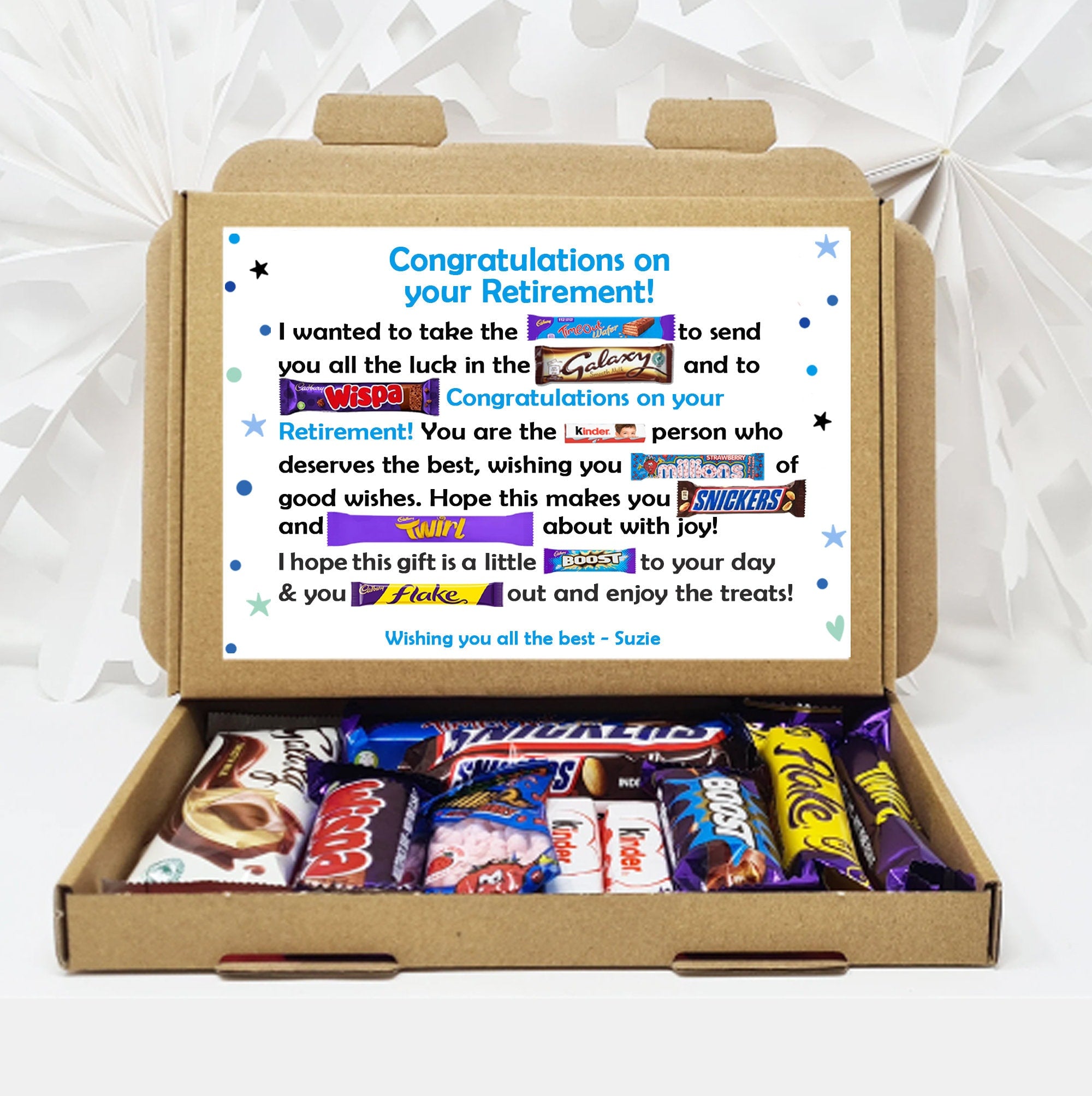 Personalised Retirement/ Leaving Job Gift Box Good Luck Treat Box Letterbox Gift Hug in a Box Chocolate Poem Unique