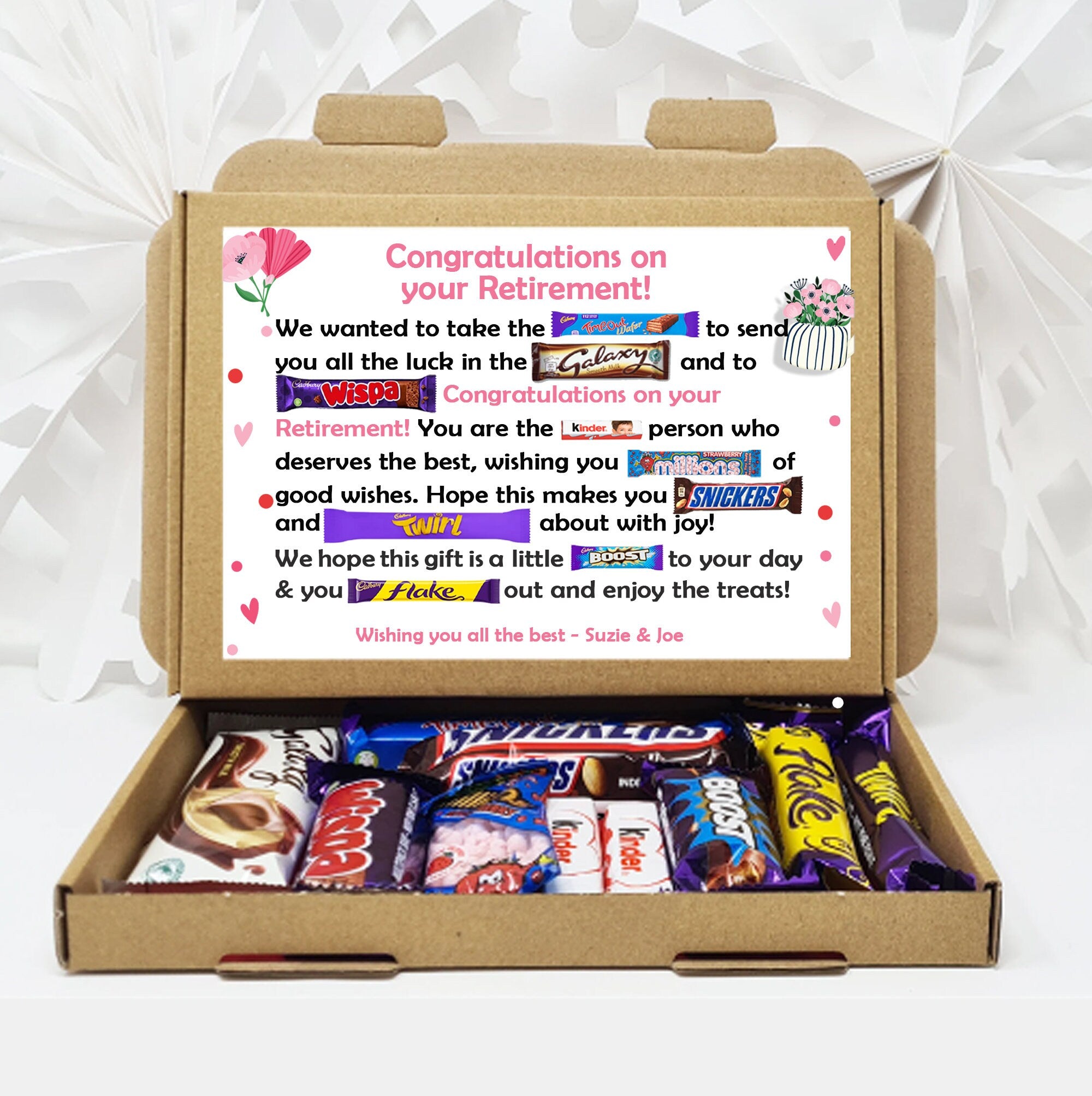 Personalised Retirement/ Leaving Job Gift Box Good Luck Treat Box Letterbox Gift Hug in a Box Chocolate Poem Unique