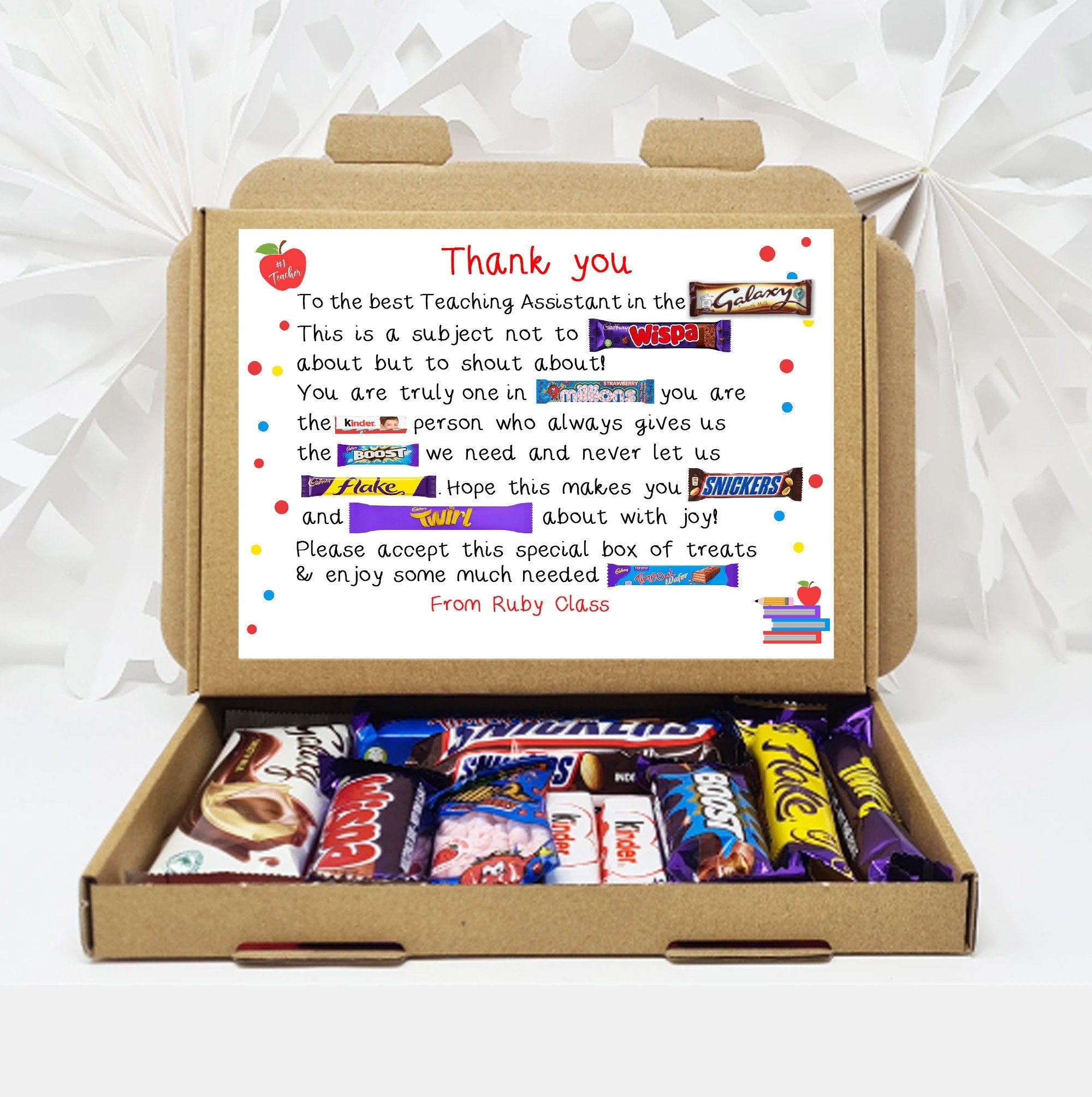Personalised Teacher Poem summer gift Poem End of Term Treat Box Hug in a box, hamper gift thank you gift Lollypop lady Key worker Music PE