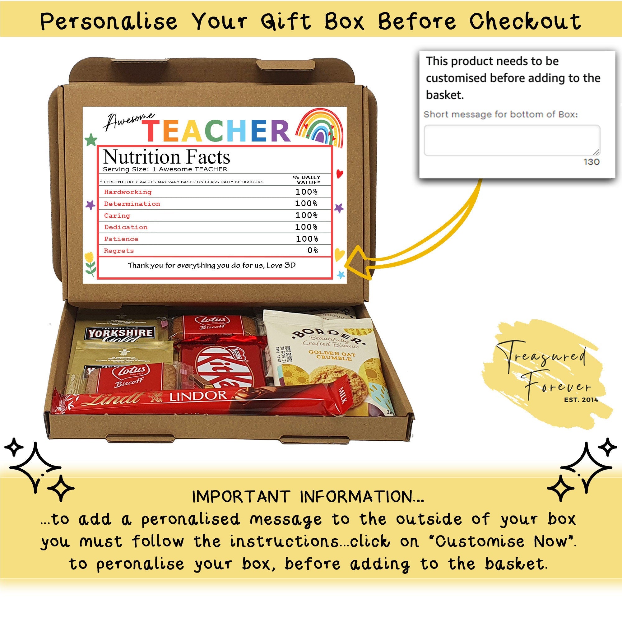 Personalised Thank you Teacher Nutrition Facts Treat Box Hug in a box, gift Afternoon tea, hamper gift, thank you gift, End of term