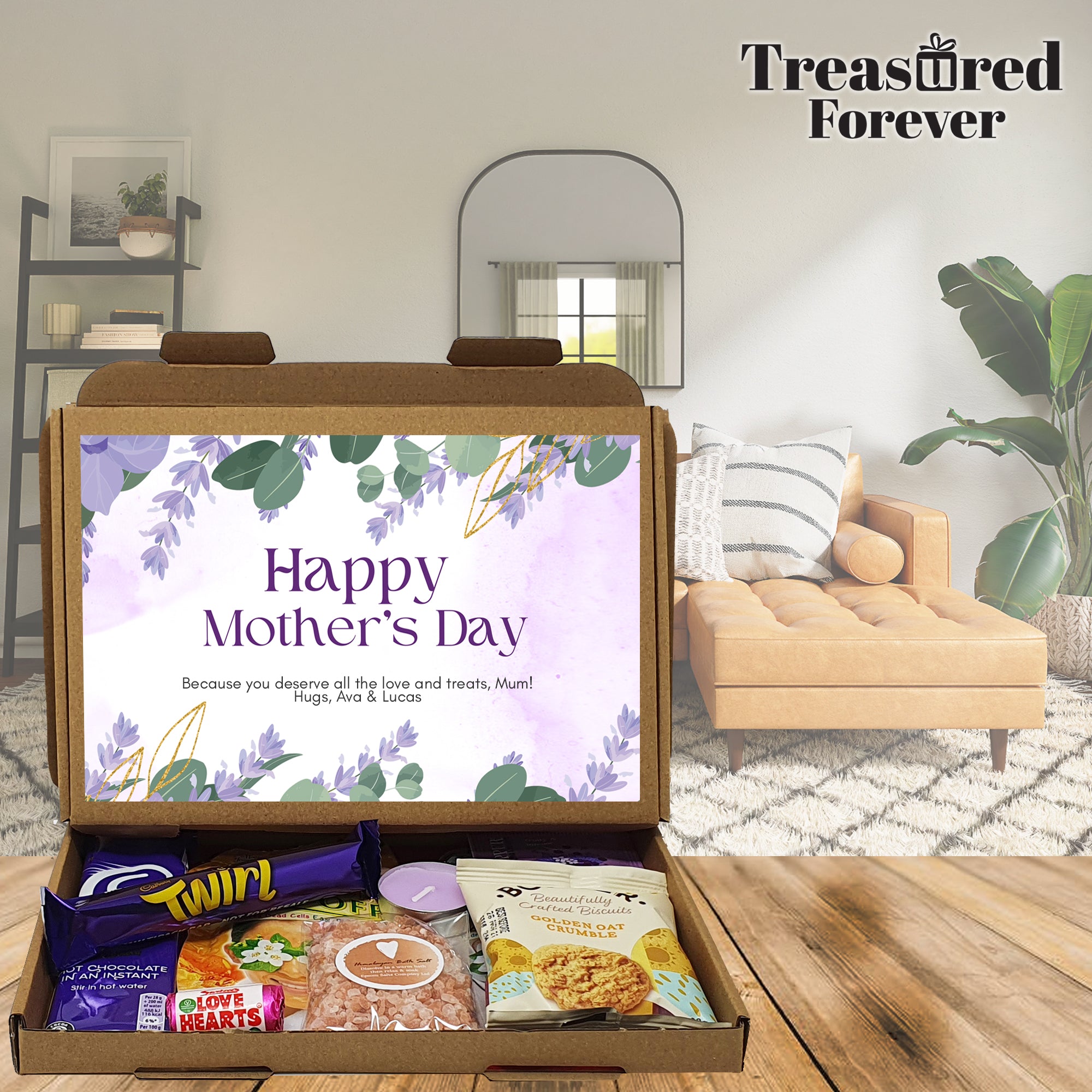 Personalised Mother's Day Pamper & Treat Box – Tea, Biscuits and Self-Care Letterbox Gift | Hug in a Box | Thinking of You Hamper - Lilac Floral