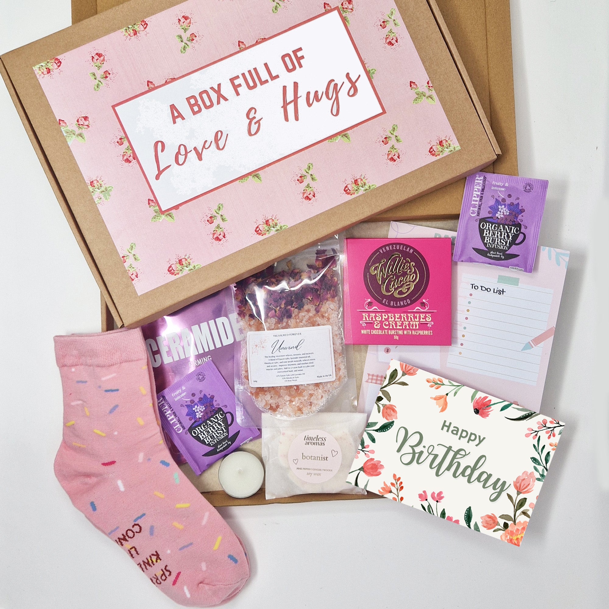 Personalised Pamper Treat Box Letterbox Gift Hug in a Box Hamper Worry Birthday, Thinking of You, Missing you Floral