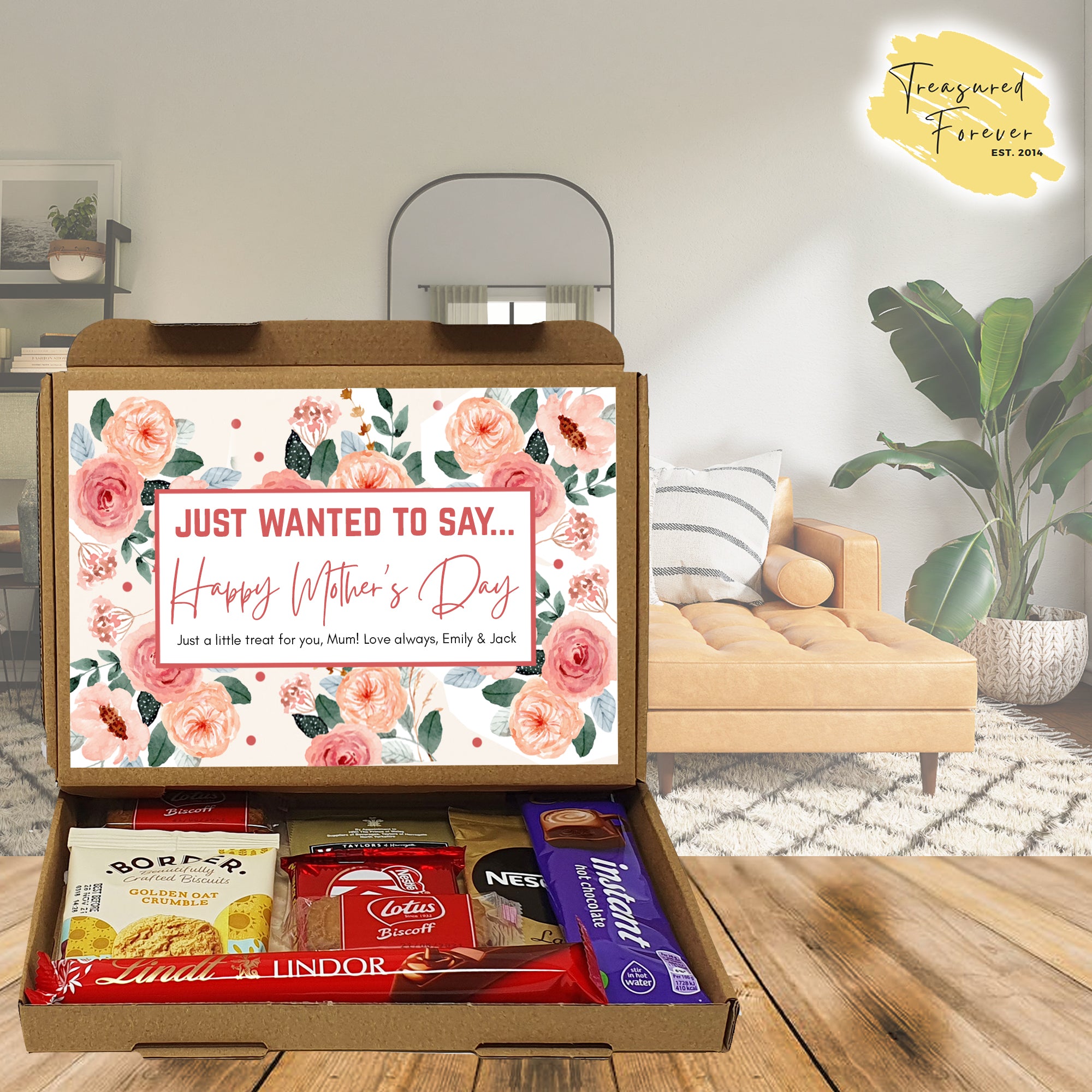 Personalised Mother's Day Pamper & Treat Box – Tea, Biscuits and Self-Care Letterbox Gift | Hug in a Box | Thinking of You Hamper - Peach Floral