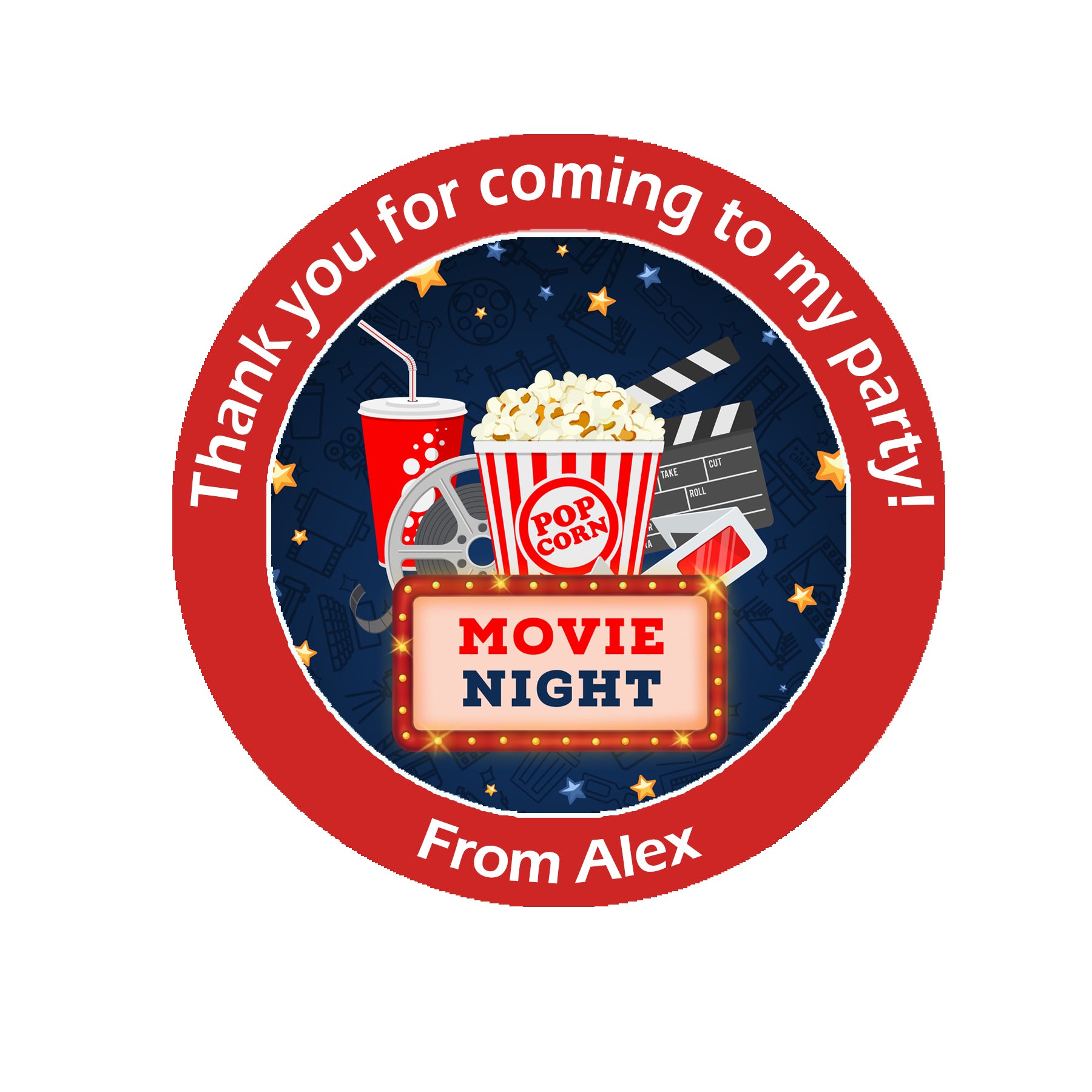 Personalised Movie Sleepover Party Stickers – Thank You Labels for Sweet Cones & Favour Bags