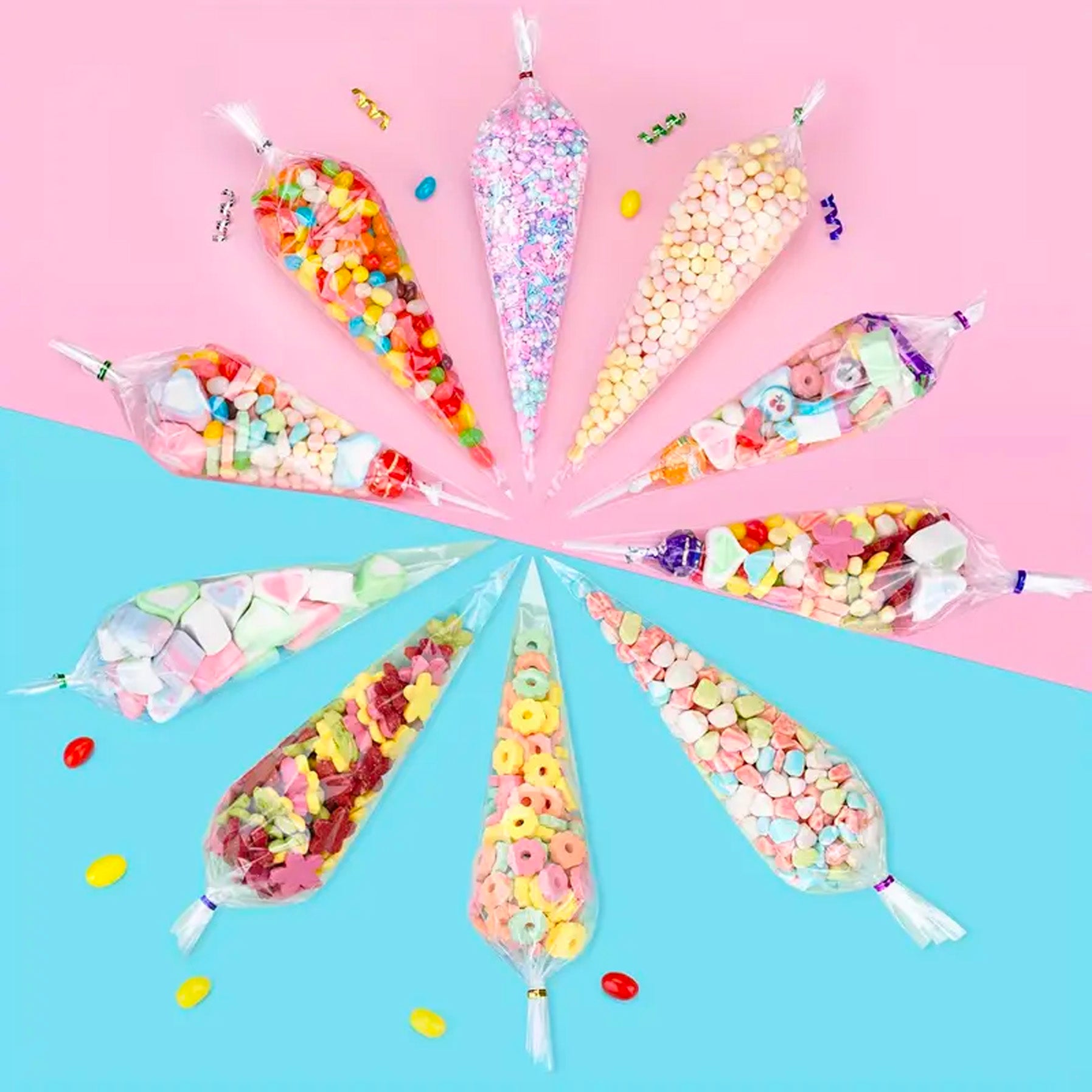 Pre-filled Sweet Cones Party Favours | Party Bags With Optional Personalisation Stickers | many themes |