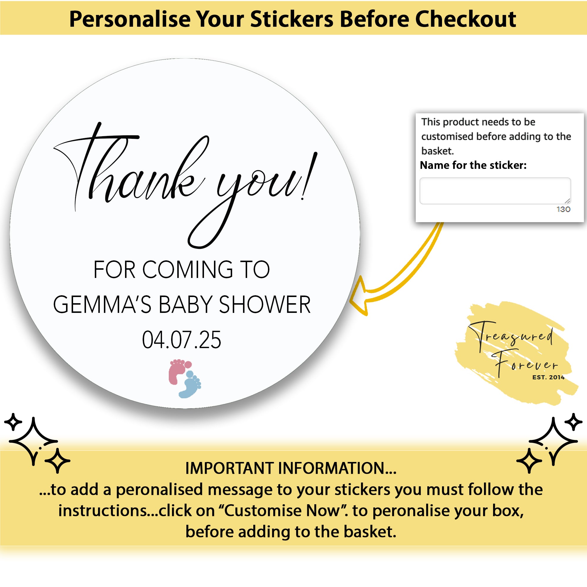 Personalised Baby Shower Stickers x 24, Baby Shower Favour Bag Stickers, Sweet Bag Stickers, Cake Bag Stickers, Treat Bag Stickers
