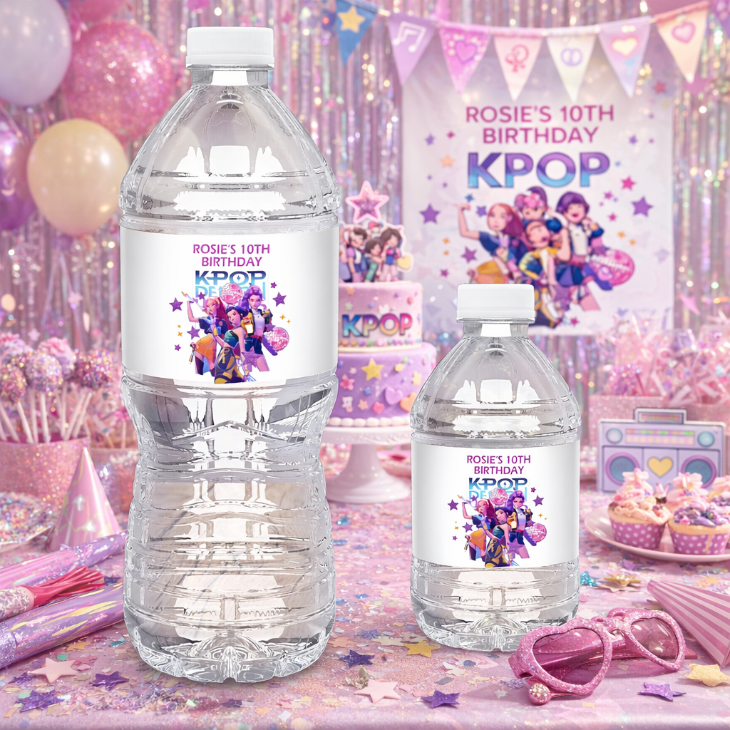 Personalised K-Pop Demon Hunters Party Water Bottle Stickers | Huntrix Inspired Birthday Labels |  Sweet Cones, Gift Bags & Party Favours
