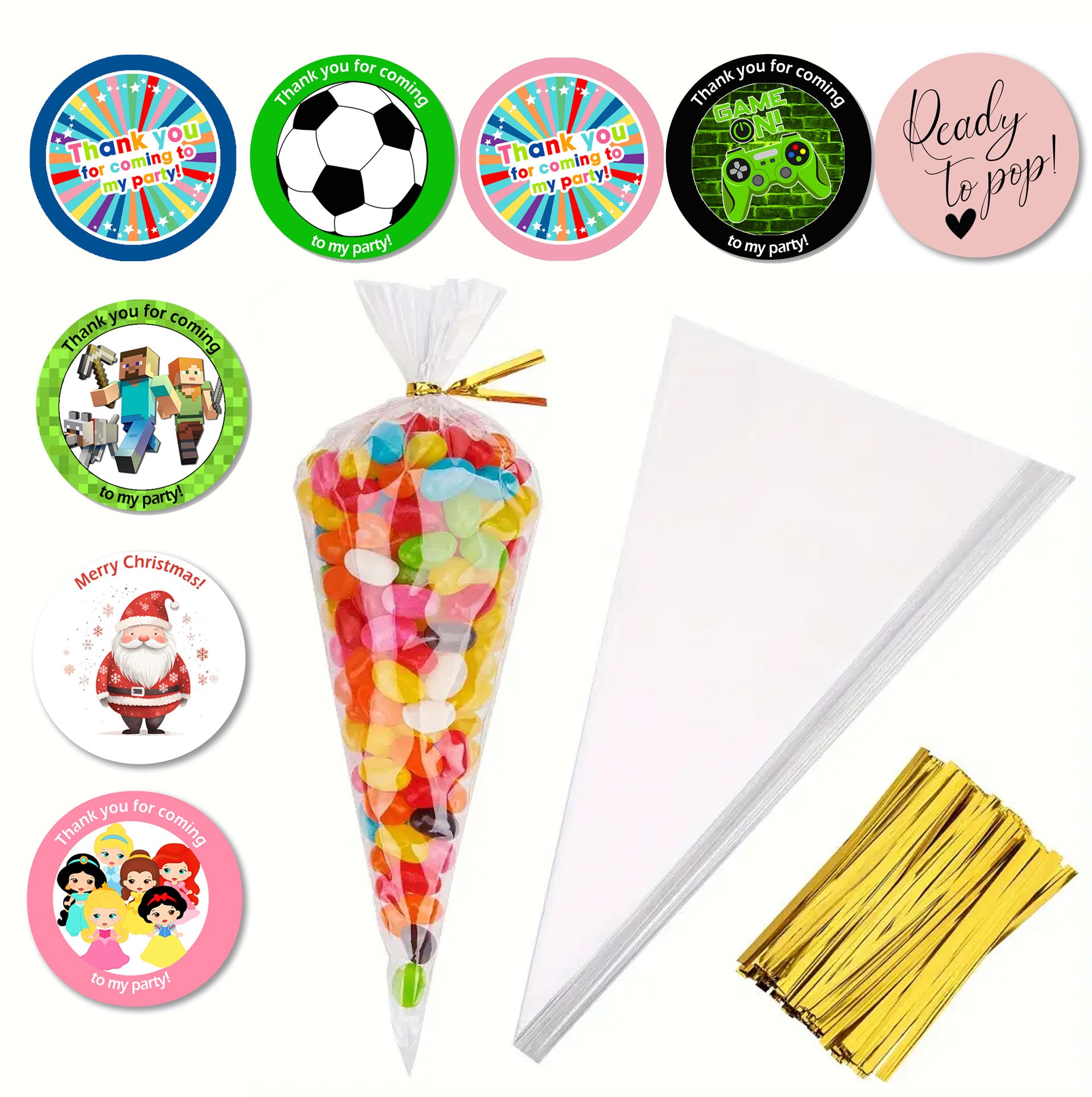 Party Stickers & Sweet Cone Bags | Birthday party bag Fillers | Party favors | Baby Shower | Christmas | All  Celebrations