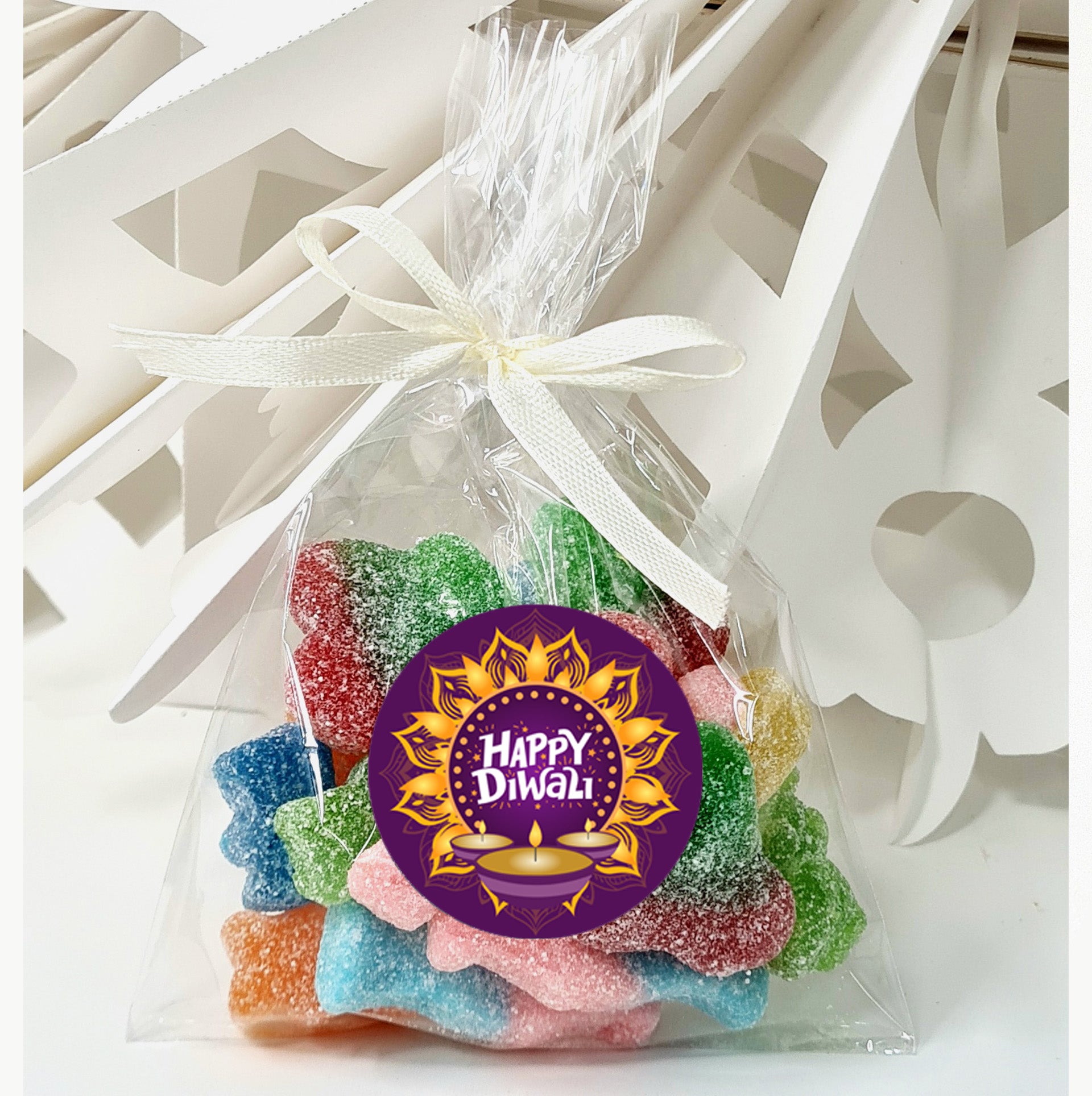 Diwali Party Sweet Bags | Vegan Halal Favour Bags with Personalised Stickers Diwali / Divali / Sal Mubarak Giveaways Treat Bags