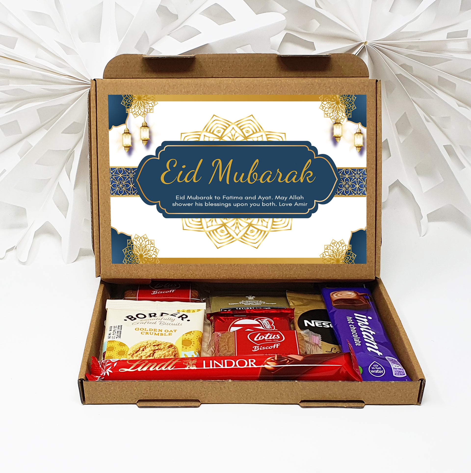 Personalised Eid Mubarak Eid Sweets Hug in a box, Letterbox gift Afternoon tea, hamper gift - Blue Design