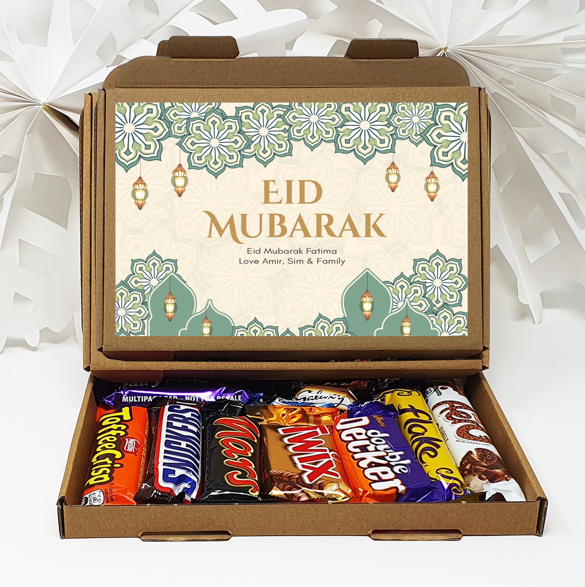 Personalised Eid / Ramadan Mubarak Eid Sweets Hug in a box, Letterbox gift Afternoon tea, hamper gift - Teal Design
