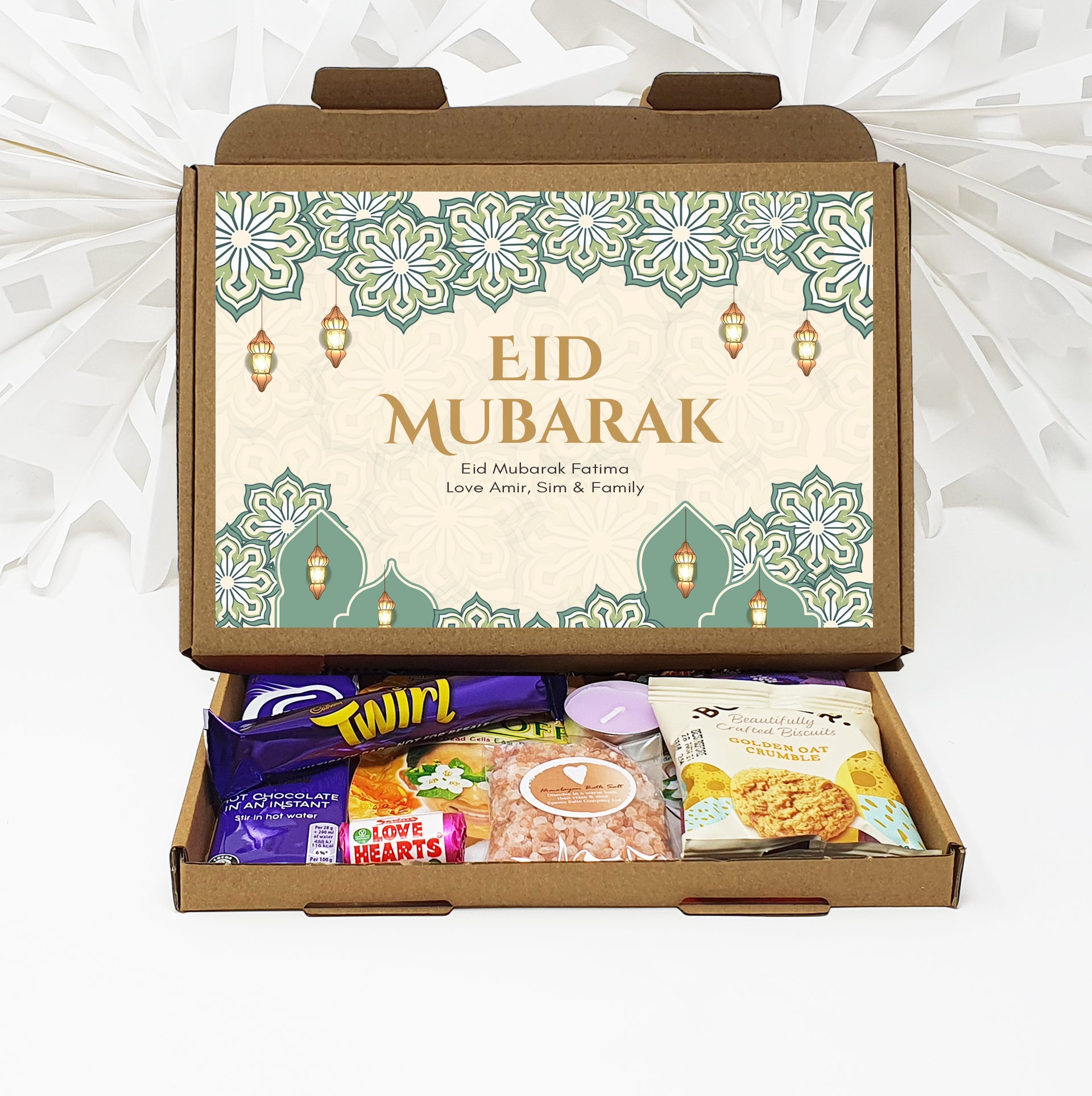 Personalised Eid / Ramadan Mubarak Eid Sweets Hug in a box, Letterbox gift Afternoon tea, hamper gift - Teal Design