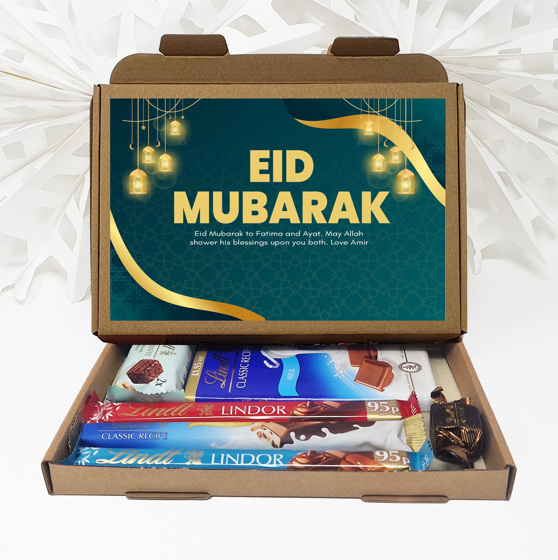 Personalised Eid Mubarak Eid Sweets Hug in a box, Letterbox gift Afternoon tea, hamper gift - Teal Design