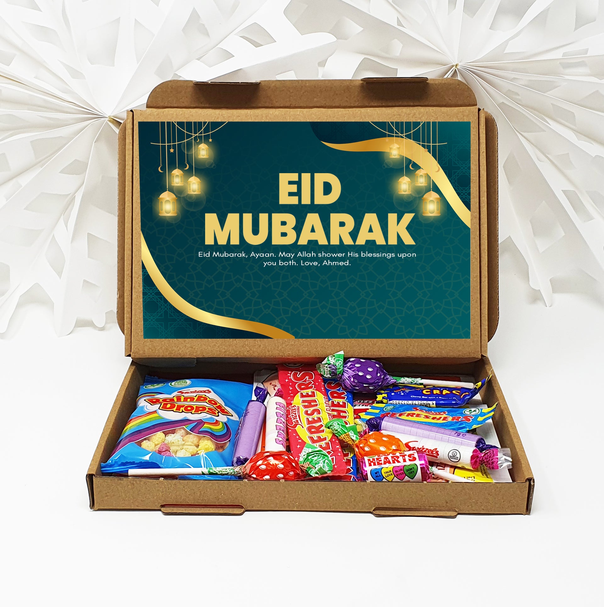Personalised Eid Mubarak Eid Sweets Hug in a box, Letterbox gift Afternoon tea, hamper gift - Teal Design