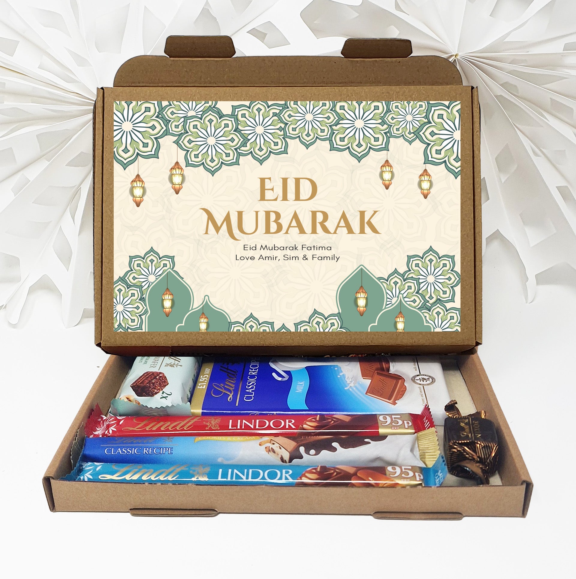 Personalised Eid / Ramadan Mubarak Eid Sweets Hug in a box, Letterbox gift Afternoon tea, hamper gift - Teal Design
