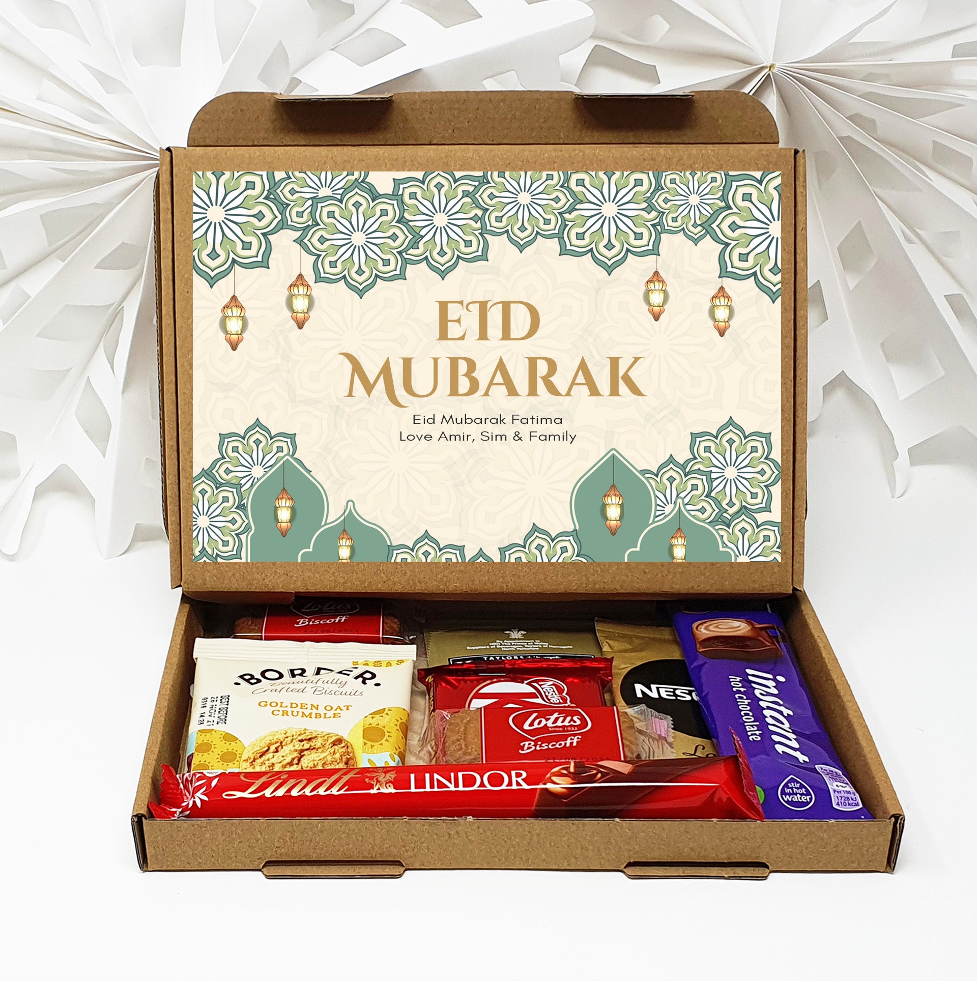 Personalised Eid / Ramadan Mubarak Eid Sweets Hug in a box, Letterbox gift Afternoon tea, hamper gift - Teal Design