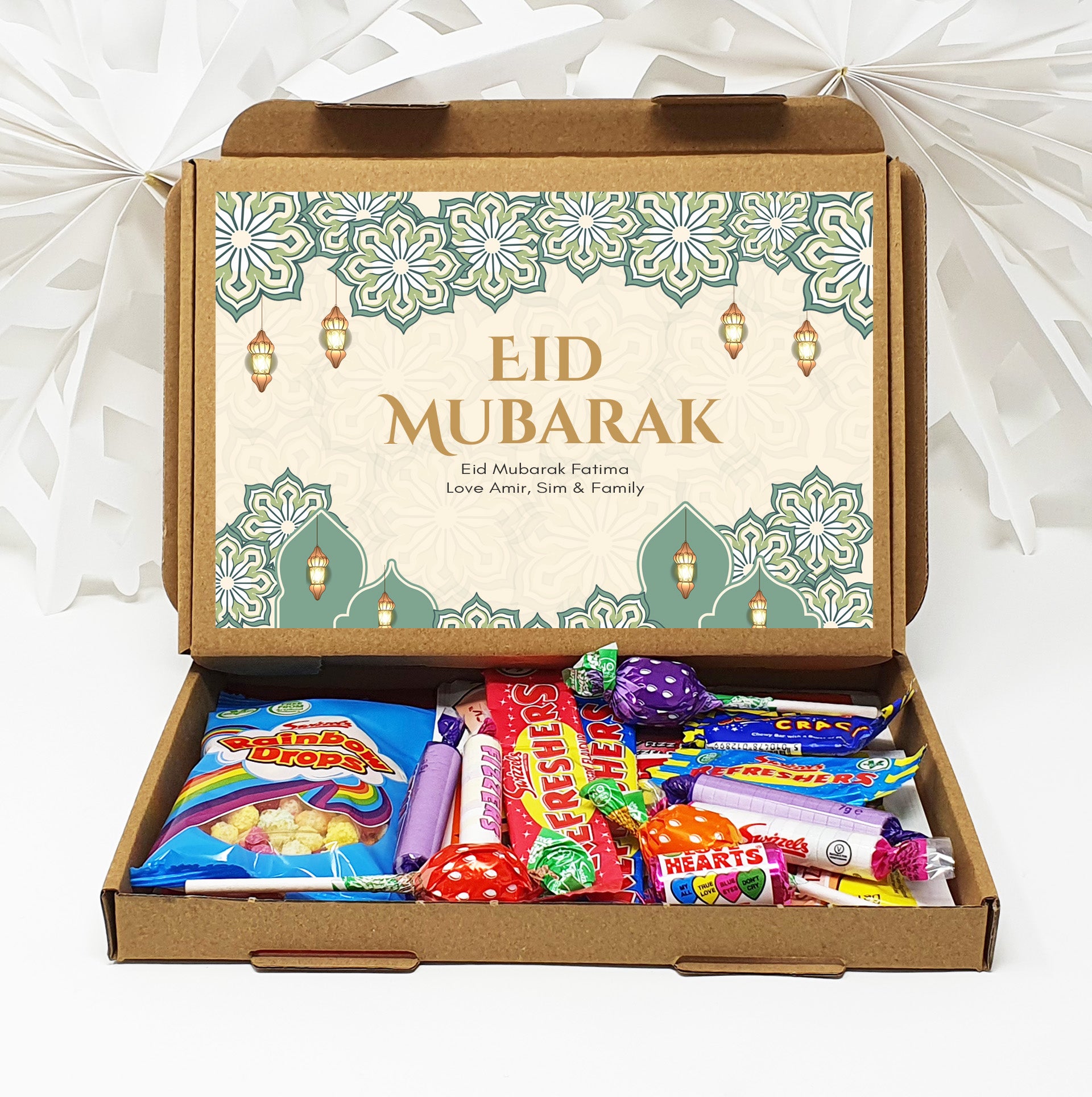 Personalised Eid / Ramadan Mubarak Eid Sweets Hug in a box, Letterbox gift Afternoon tea, hamper gift - Teal Design