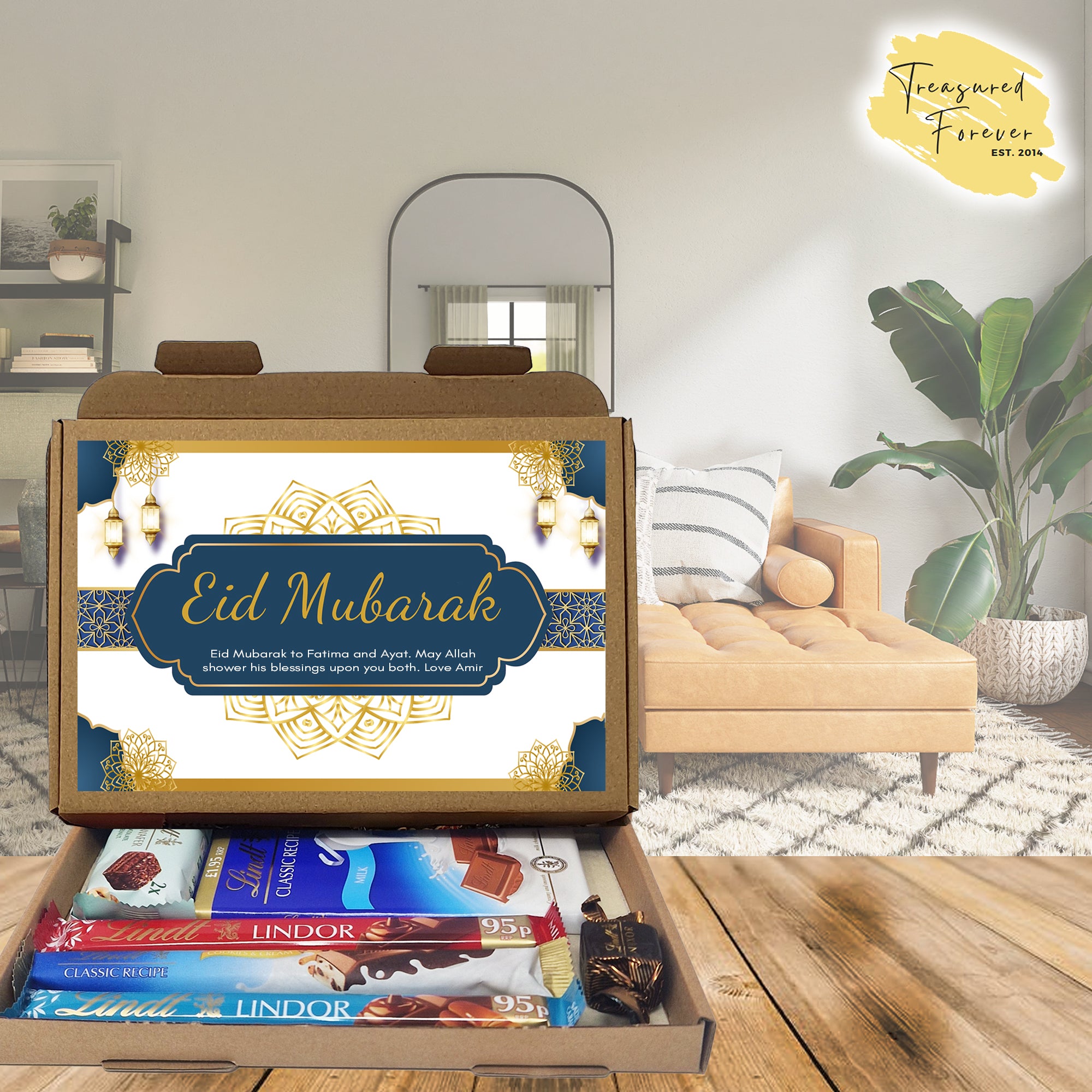 Personalised Eid Mubarak Eid Sweets Hug in a box, Letterbox gift Afternoon tea, hamper gift - Teal Design
