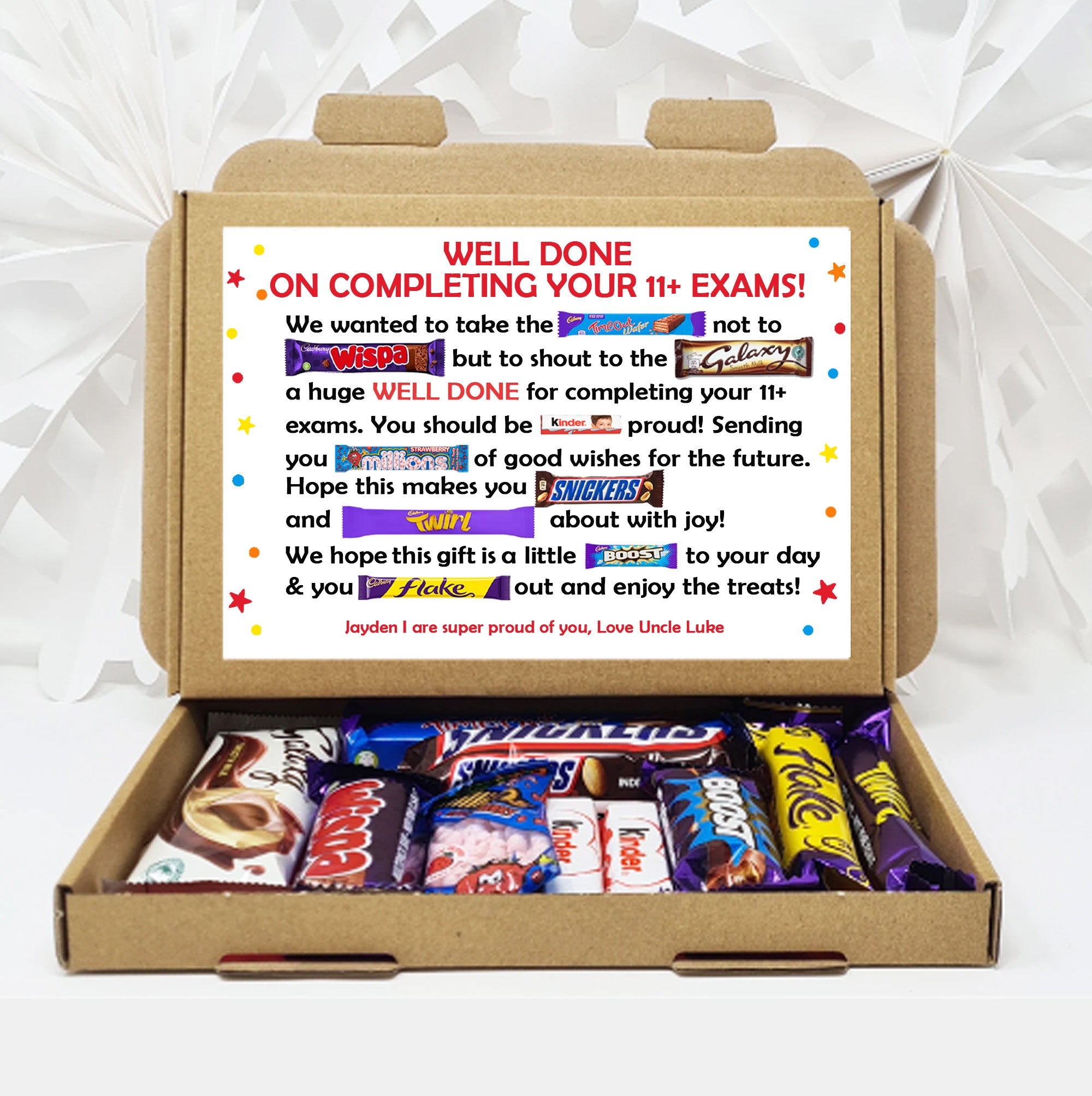Personalised  Exam Good Luck Treat Box/ SATS/ GCSES/ 11+ A Levels Good Luck Treat Box Letterbox Gift Hug in a Box Chocolate Poem Unique