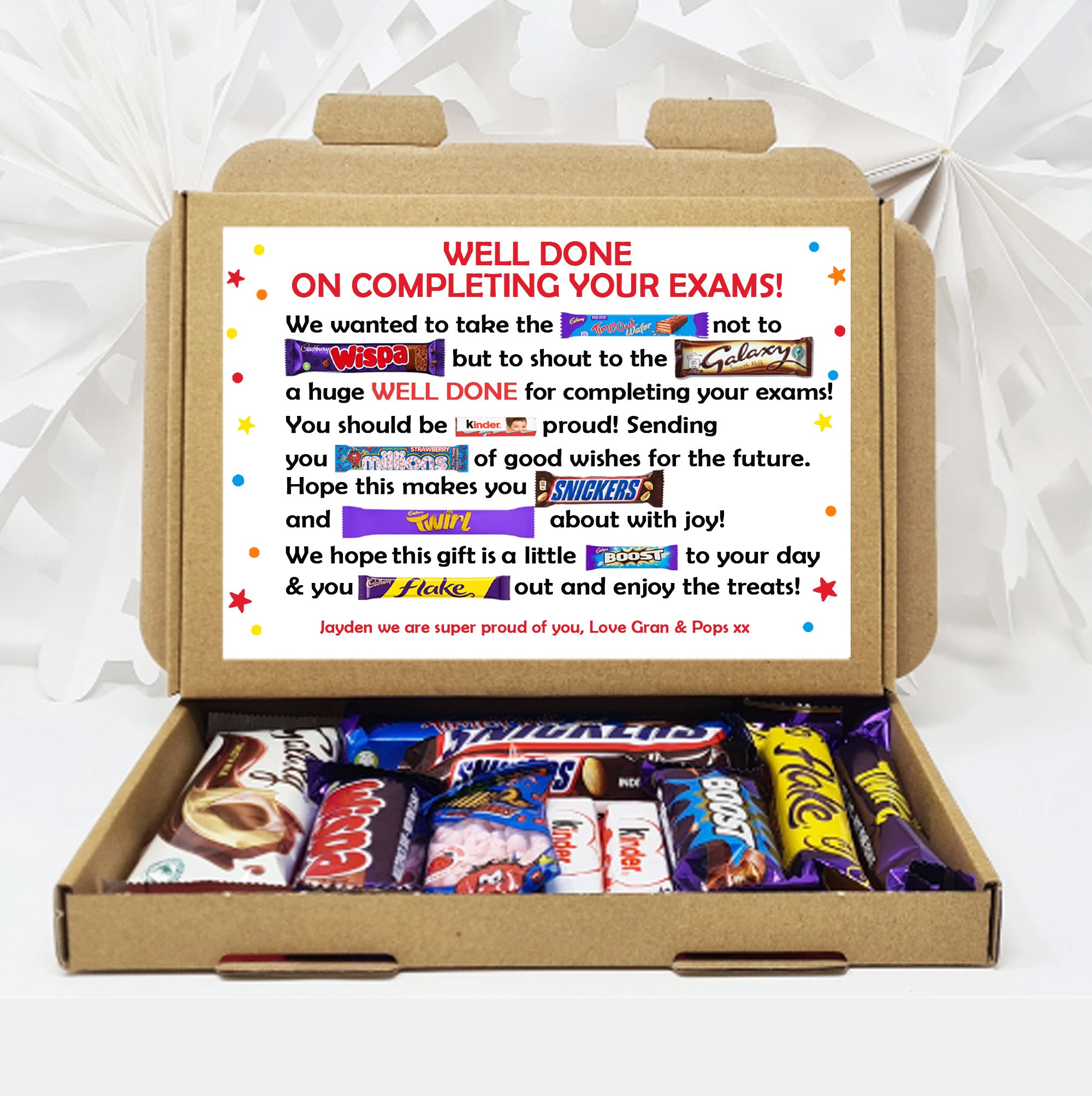Personalised  Exam Good Luck Treat Box/ SATS/ GCSES/ 11+ A Levels Good Luck Treat Box Letterbox Gift Hug in a Box Chocolate Poem Unique