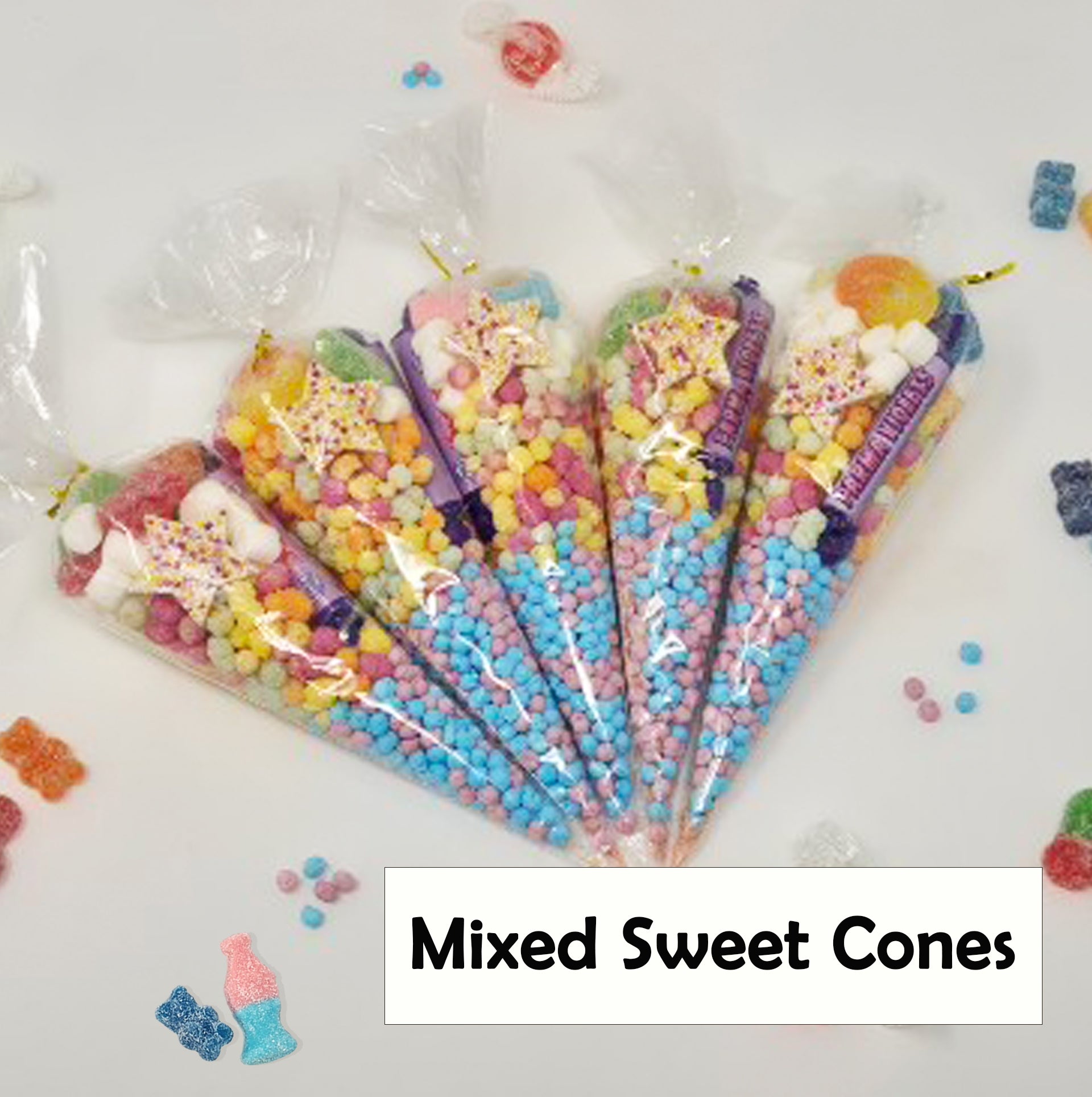 Pre-filled Sweet Cones Party Favours | Party Bags With Optional Personalisation Stickers | many themes |