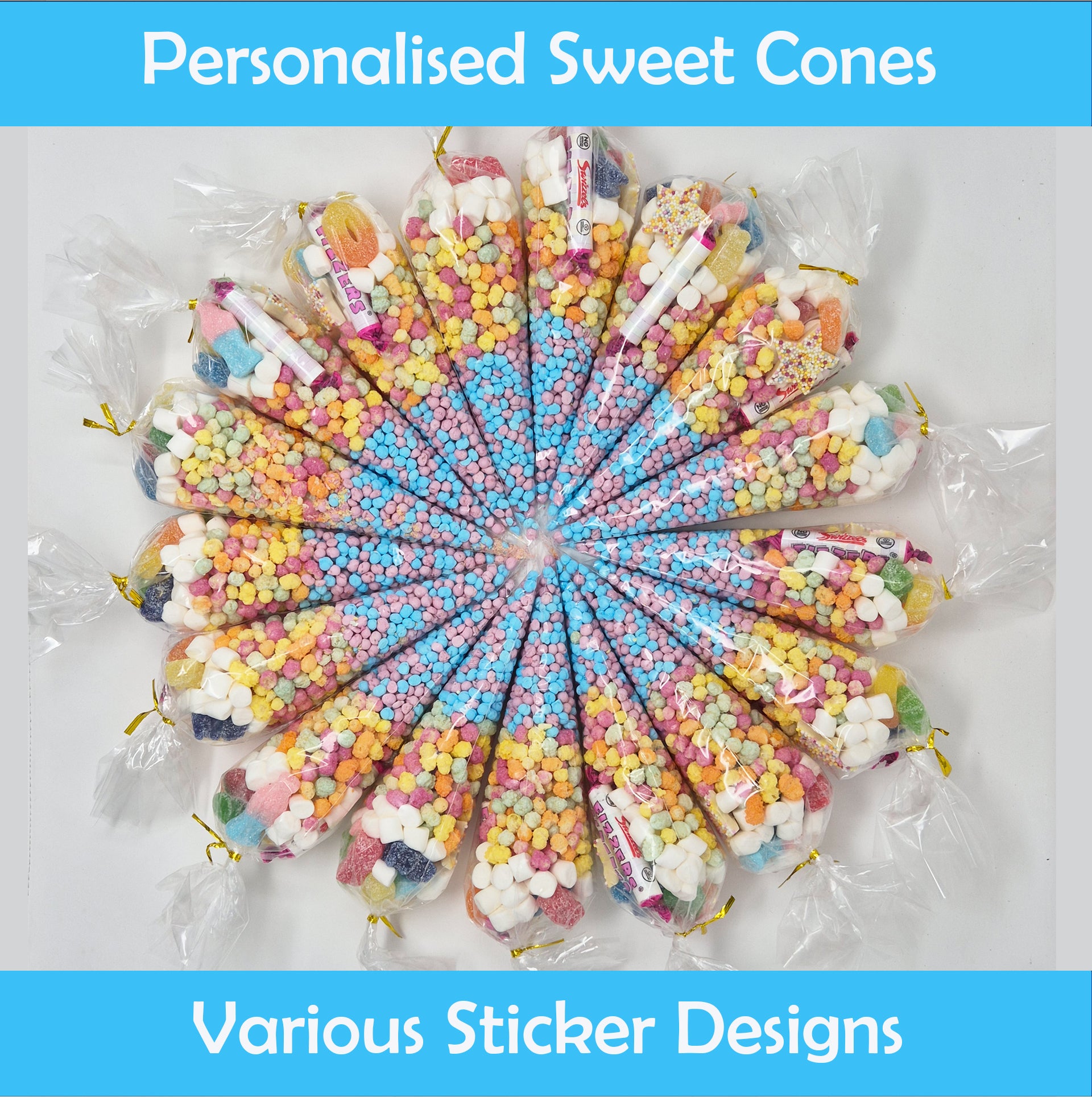 Pre-filled Sweet Cones Party Favours | Party Bags With Optional Personalisation Stickers | many themes |