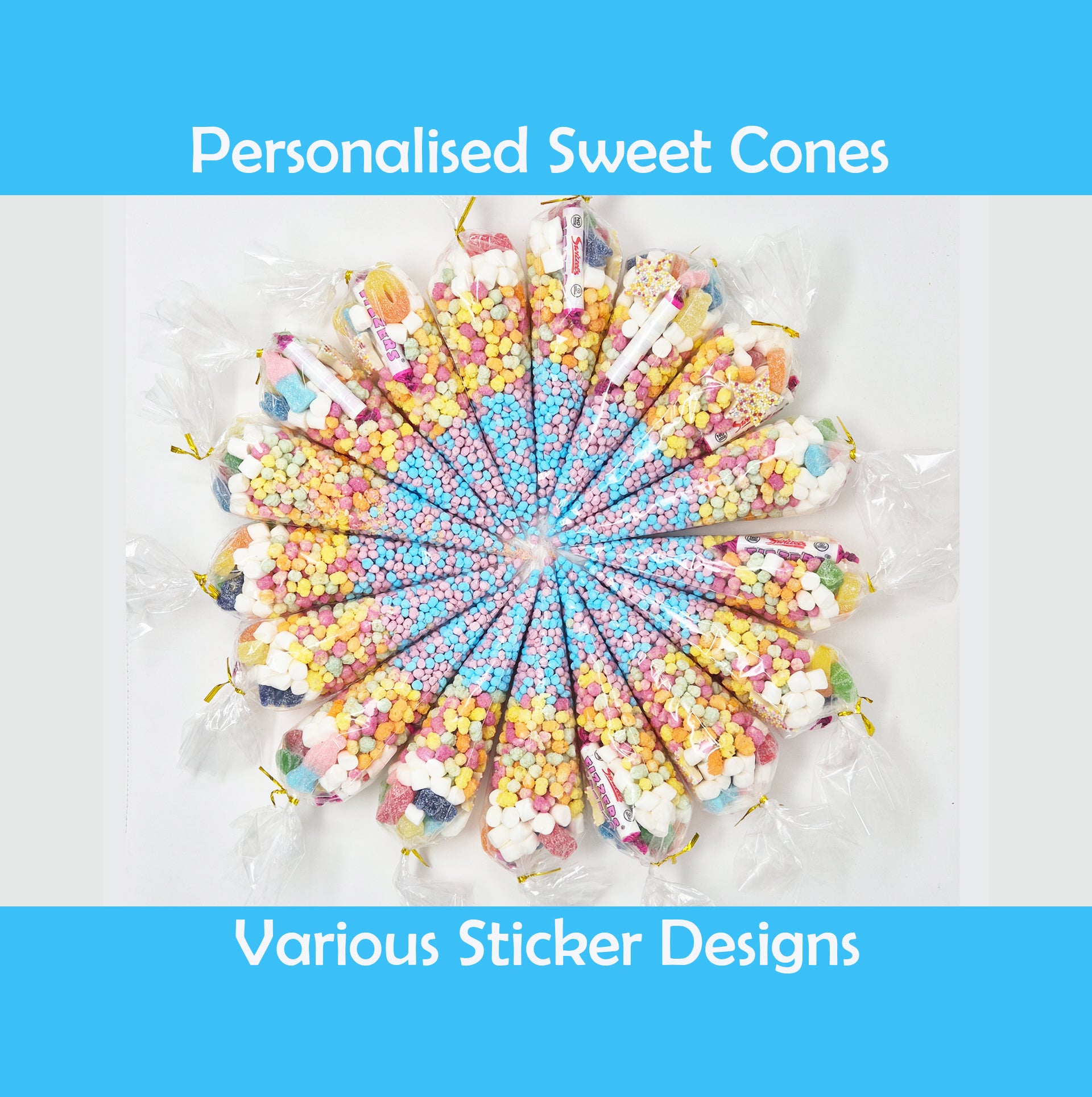 Pre-filled Sweet Cones Party Favours | Party Bags With Optional Personalisation Stickers | many themes |