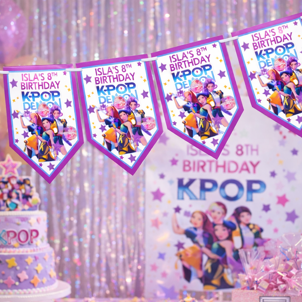 Personalised K-Pop Demon Hunters Party Bunting| Huntrix Inspired Birthday Decor| Banner Wall Decor