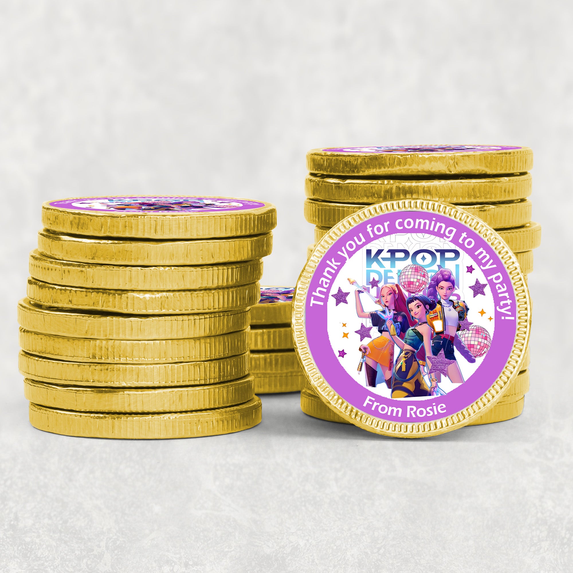 Personalised K-Pop Demon Hunters Party Chocolate coins Favours | Huntrix Inspired Birthday Decor|