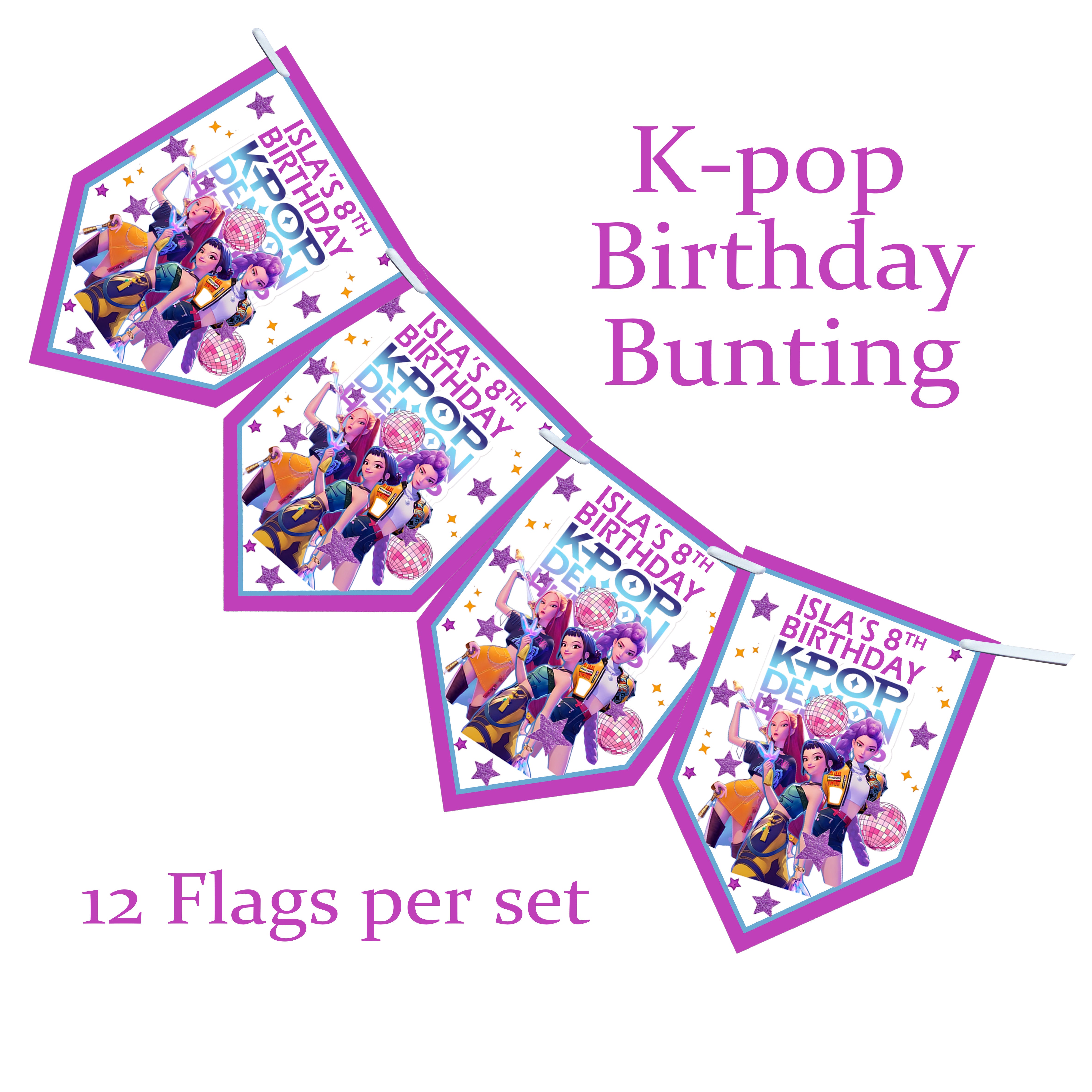 Personalised K-Pop Demon Hunters Party Bunting| Huntrix Inspired Birthday Decor| Banner Wall Decor