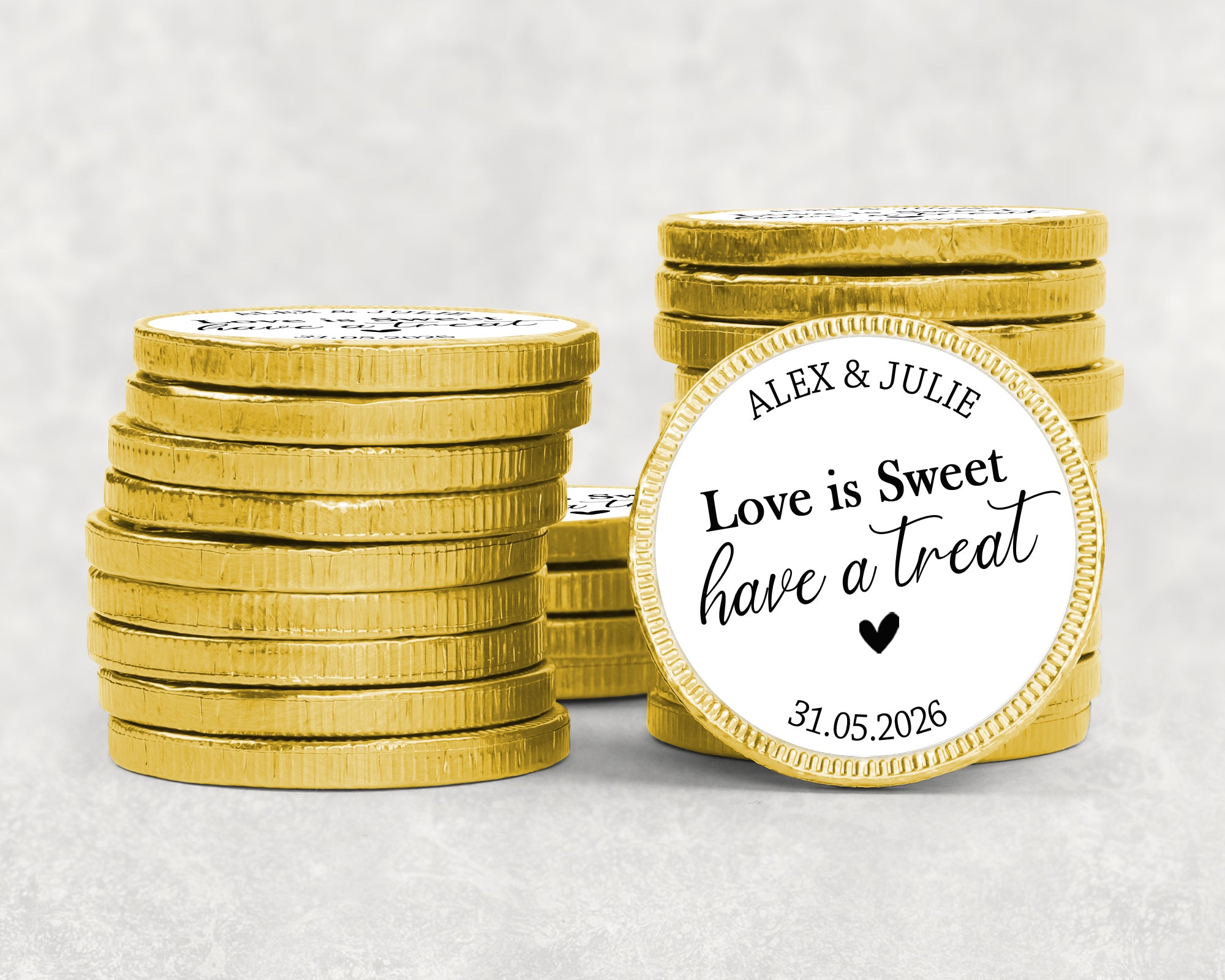 Personalised Love is Sweet Chocolate Coin Wedding Favours – Custom Name & Date Stickers – Chocolate Wedding Guest Gifts
