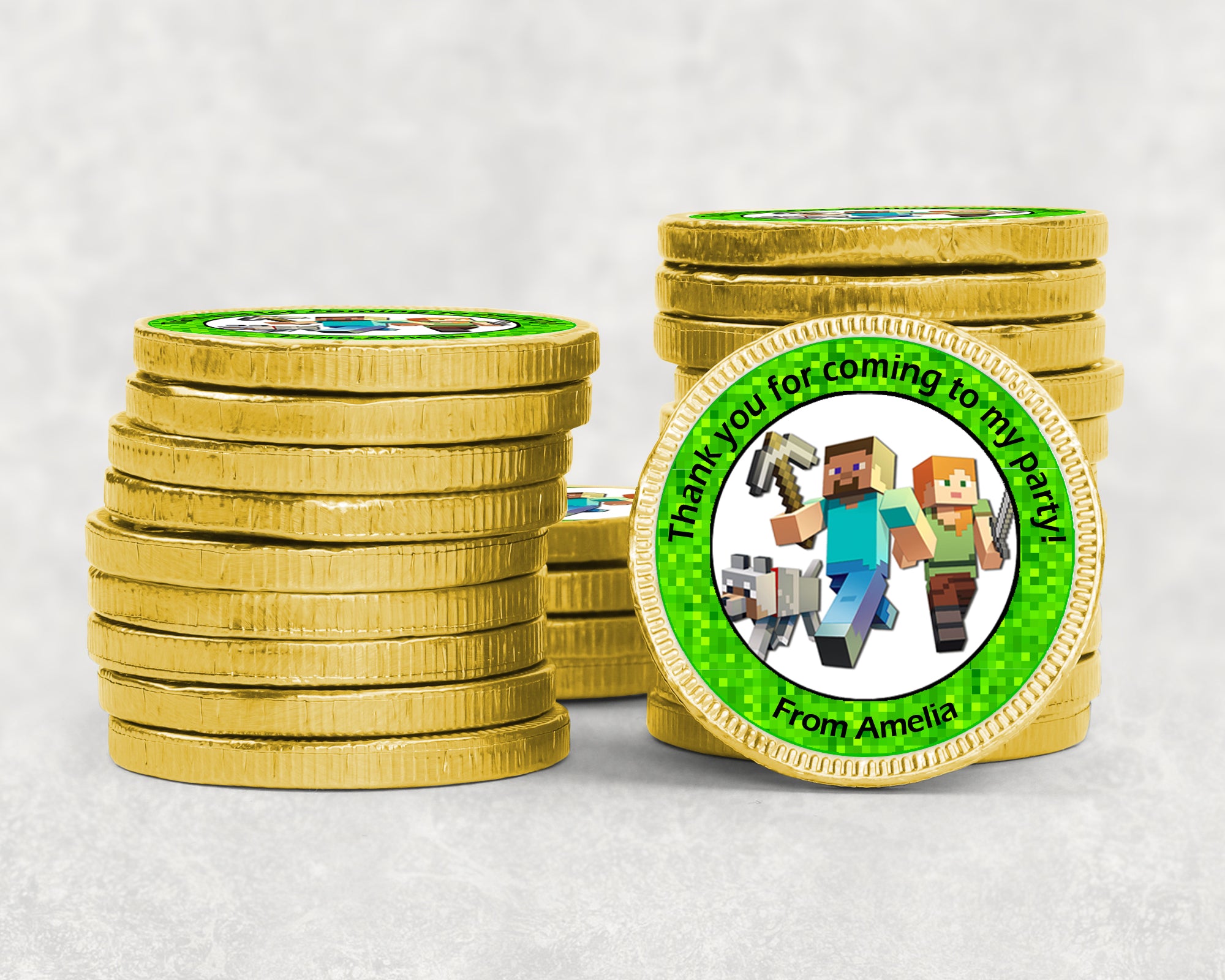 Personalised Gaming MINECRAFT Birthday Chocolate Coins – Gold Foil Party Favours | Custom Name Stickers | Kids Party Bags | Bulk Options