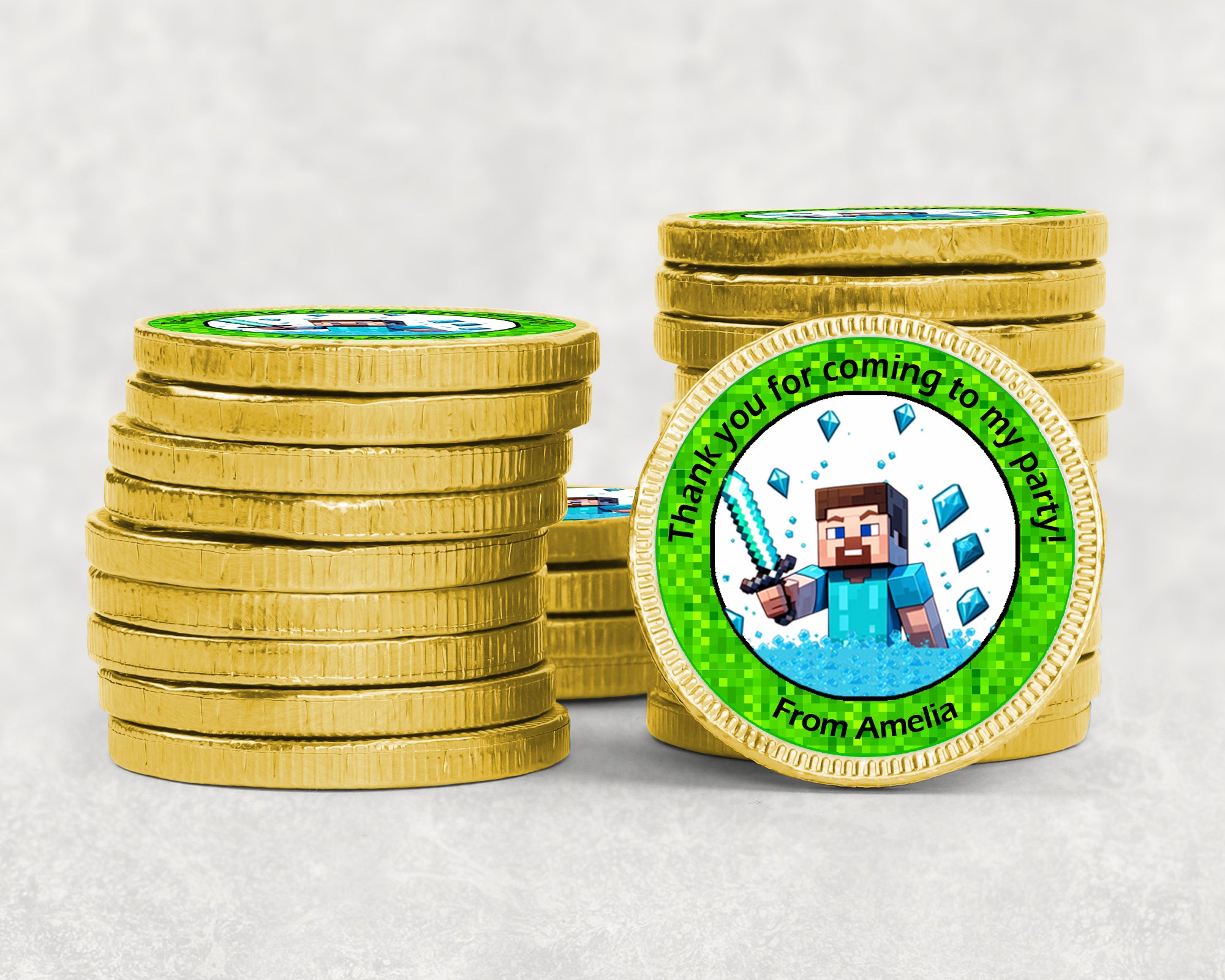 Personalised Gaming MINECRAFT Birthday Chocolate Coins – Gold Foil Party Favours | Custom Name Stickers | Kids Party Bags | Bulk Options