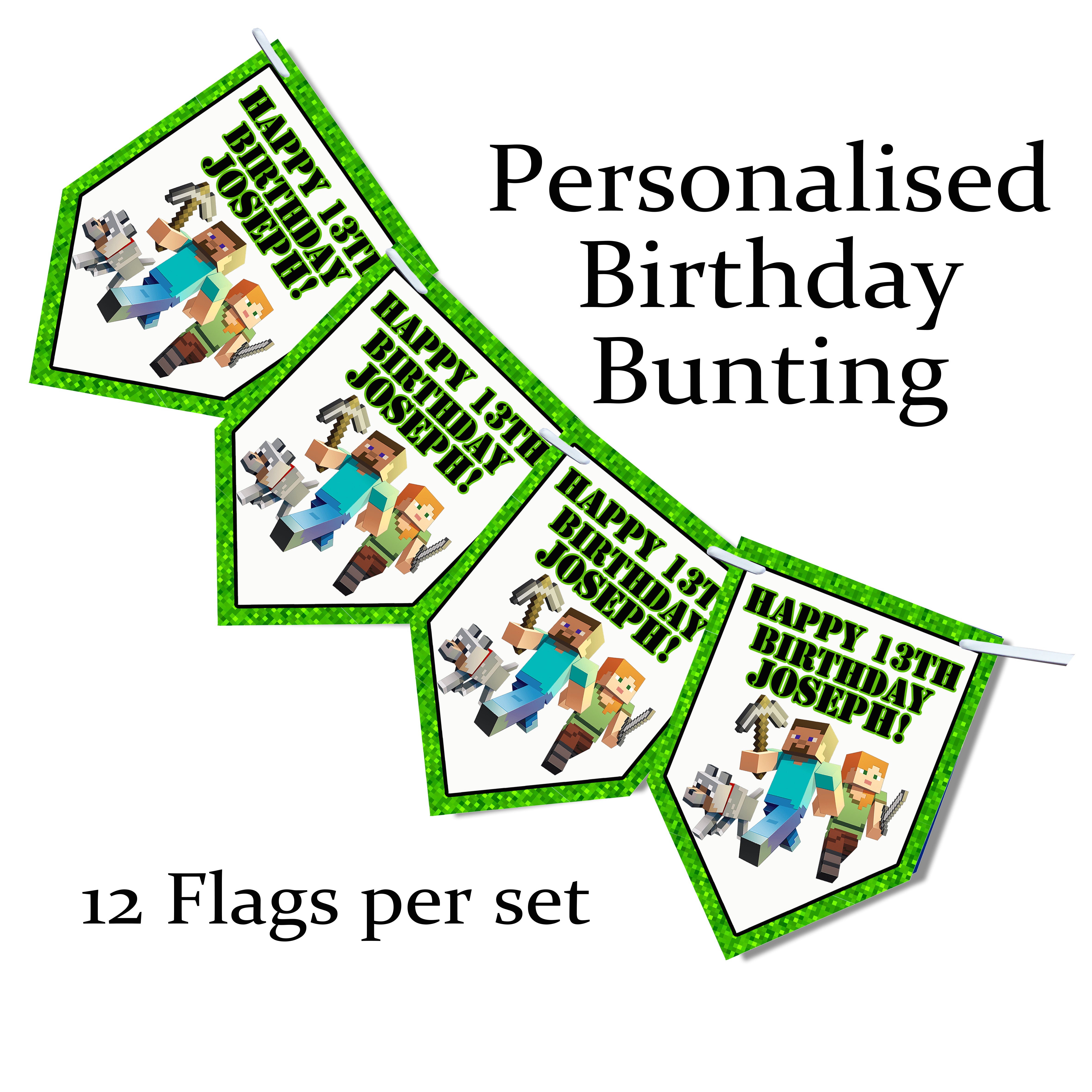 Personalised MINECRAFT Gaming Birthday Bunting Party Banner Gamer 12 Flags Decoration Card | Video Game Party Decor for Kids Teens Children