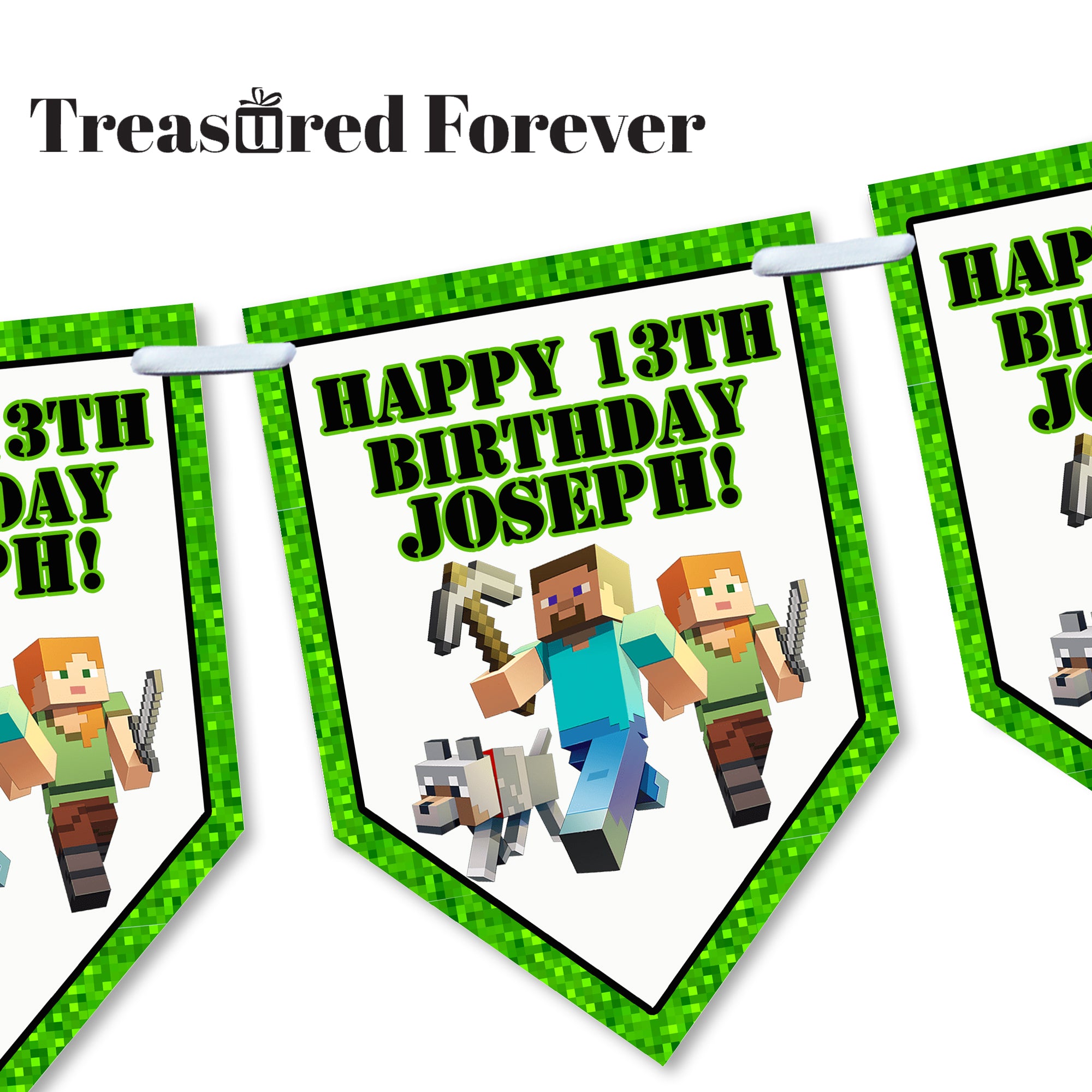 Personalised MINECRAFT Gaming Birthday Bunting Party Banner Gamer 12 Flags Decoration Card | Video Game Party Decor for Kids Teens Children