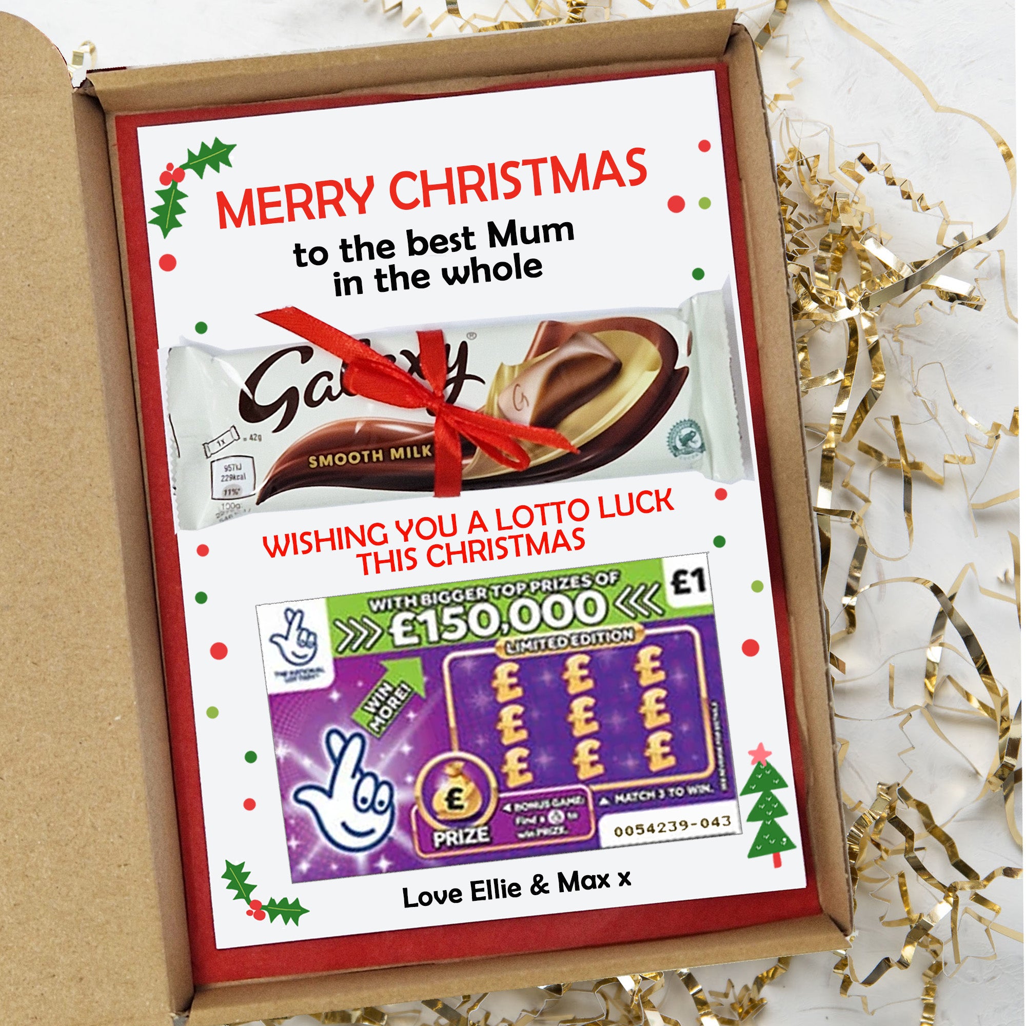 Personalised Christmas Card Gift Box – Galaxy Chocolate & Lotto Lottery Scratchcard Unique gift Present for all ages Him/Her