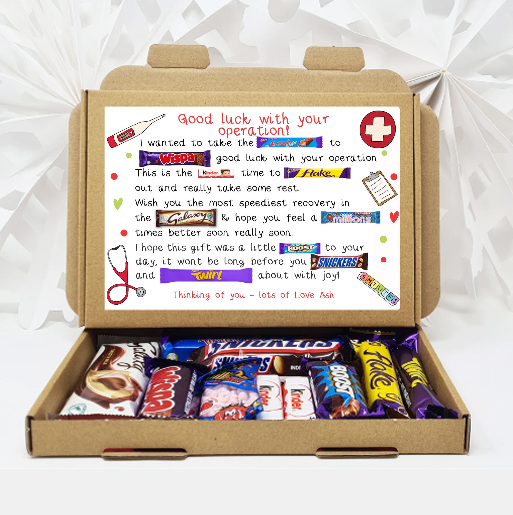 Personalised Good Luck with your operation Surgery Get well soon Hug in a box, Letterbox gift , hamper gift, Thinking of you