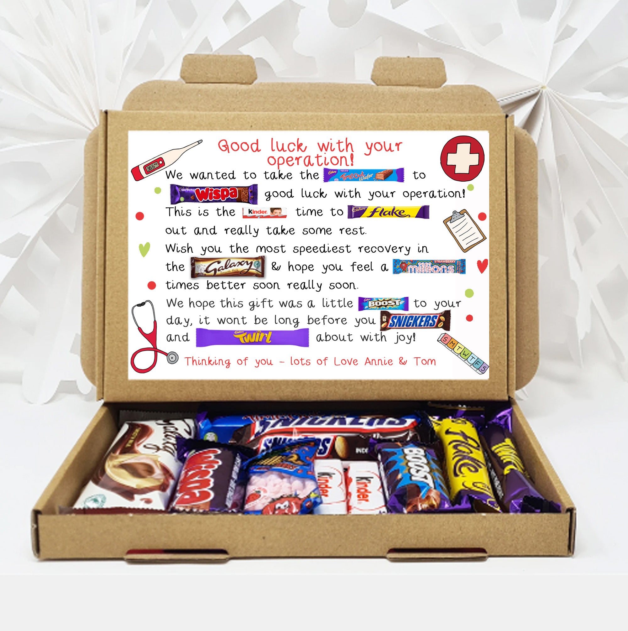 Personalised Good Luck with your operation Surgery Get well soon Hug in a box, Letterbox gift , hamper gift, Thinking of you